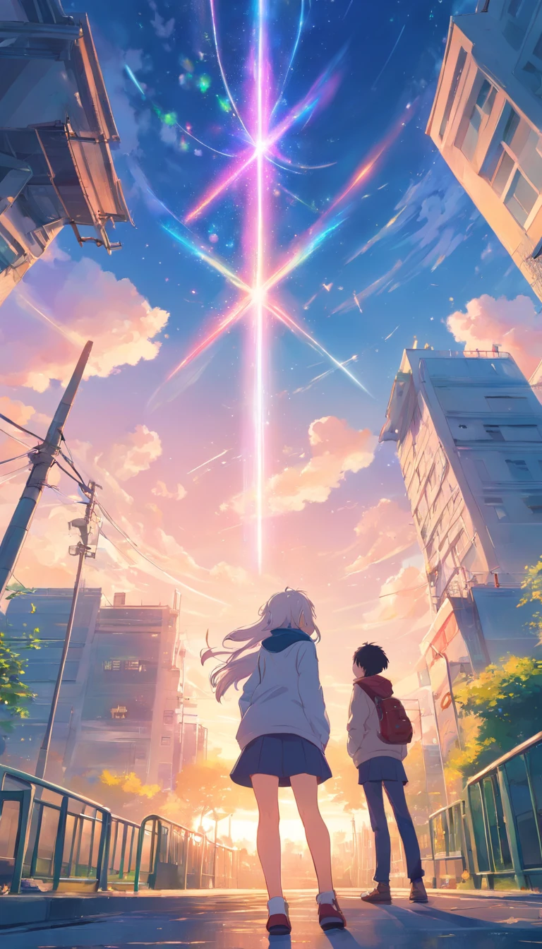 best qualtiy, tmasterpiece, 超高分辨率, realisticlying,1 girl,1 boy, long white hair,Heterochromic pupils,Loose coat,back-to-back,head looking up,cheerfulness,playground,wide angles