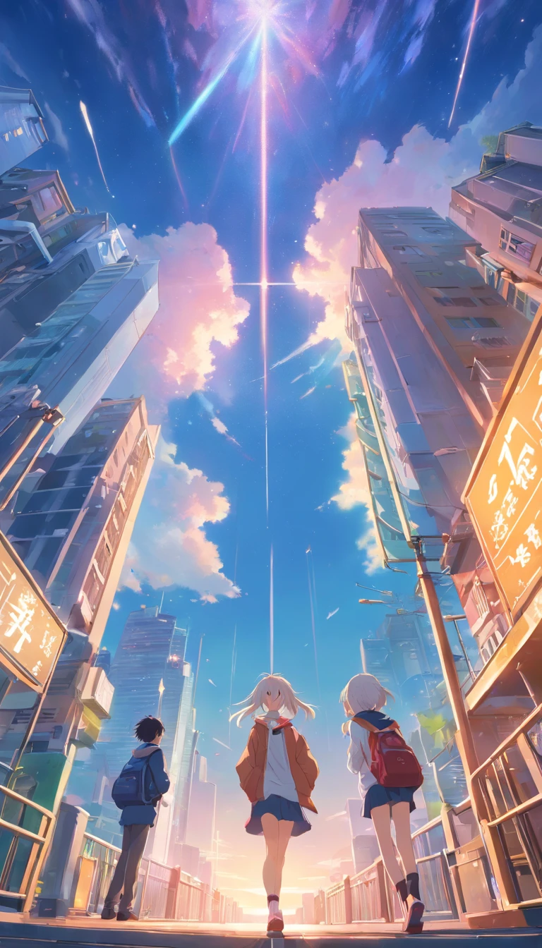 best qualtiy, tmasterpiece, 超高分辨率, realisticlying,1 girl,1 boy, long white hair,Heterochromic pupils,Loose coat,back-to-back,head looking up,cheerfulness,playground,wide angles