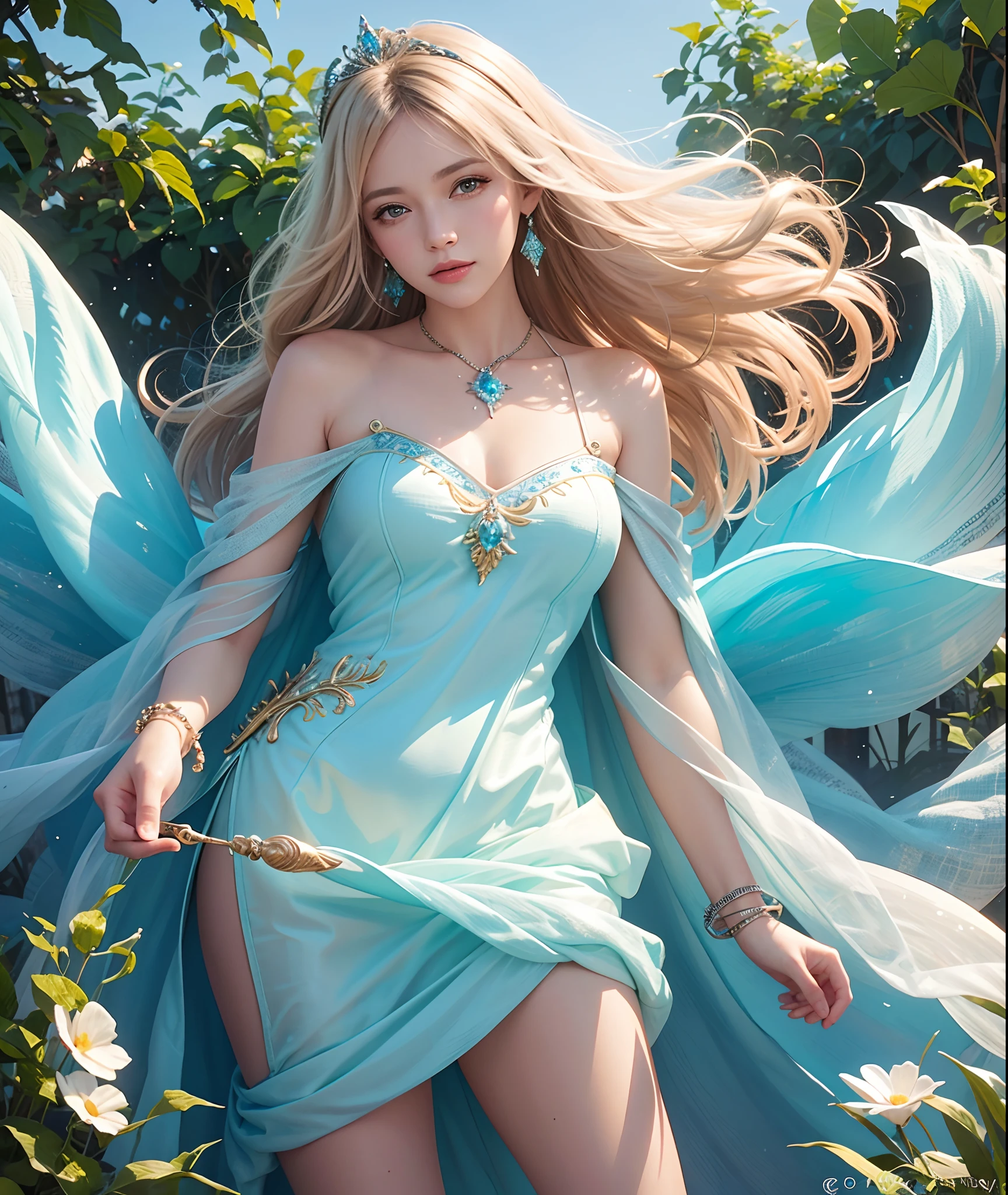 a photography, HD,, photo, woman, beautiful dress ornate, mdjrny-v5, style portrait of a gorgeous blond female in the style of stefan kostic, realistic, half body shot, sharp focus, 8 k high definition, insanely detailed, intricate, elegant, art by stanley lau and artgerm, extreme blur flames background, Princess girl with wing, Blue, Pastel, glitter, dramatic, dreamy, pastel, Watercolor, Whimsical, Delicate, seashell crown, Trending on Artstation, Highly detailed, Intricate, Portrait, digital painting, Fantasy theme, Fantasy robes, Fantasy concept art, Fantasy character art, Smug, age girl, perfect body, full body, dreamy, pastel, Watercolor, Whimsical, Delicate, seashell crown masterpiece, 8k, perfect lighting, , adult, female, cowboy shot, looking at viewer, cinematic lighting, Fawn