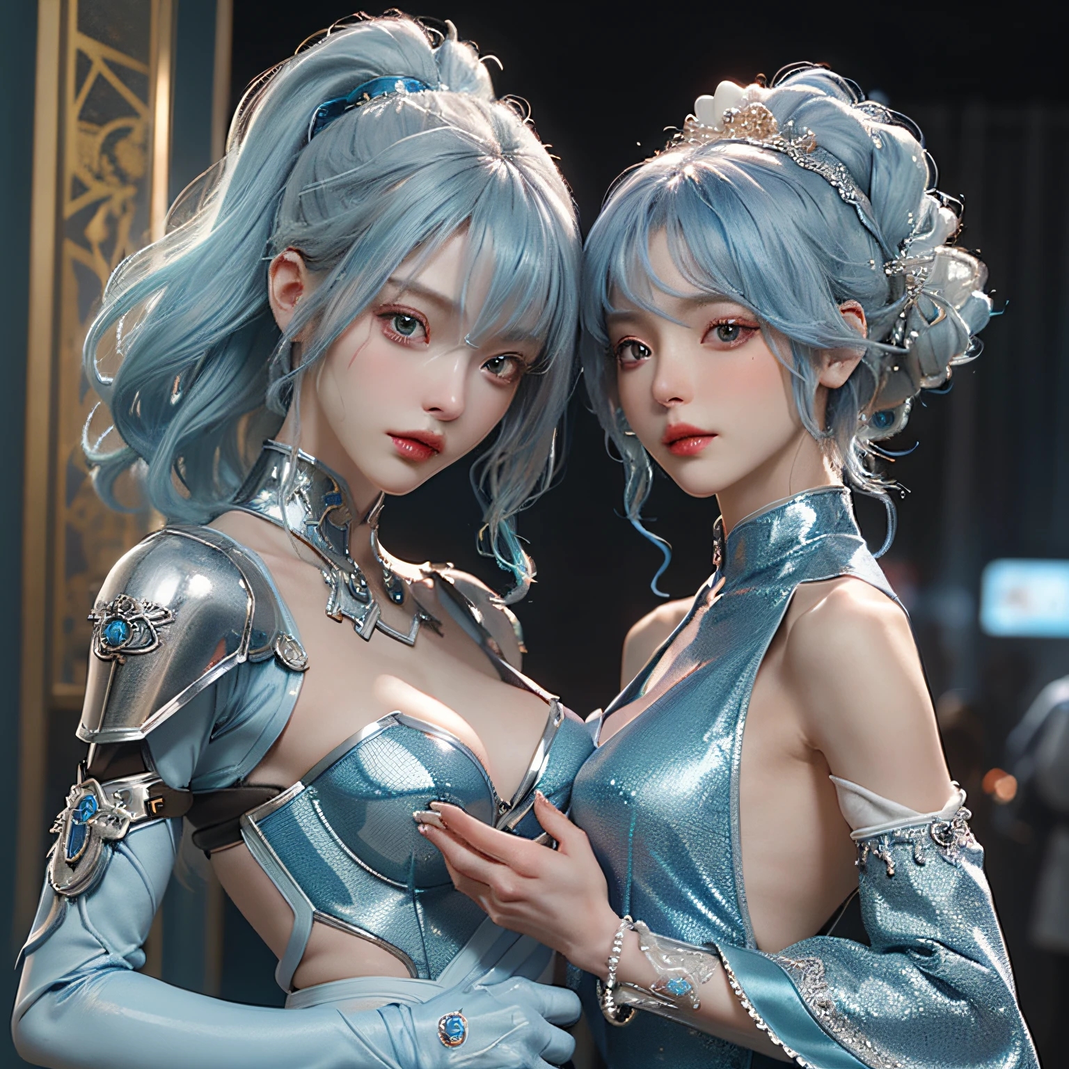 masterpiece、hightquality、。.。.。.。.。.。.。.。.3D、8K CG、intricate detailes、细致背景、Sacred。ornament detached, Dylan Kowalski, student, ((2girls)), The upper part of the body, musculature, Skindentation, looking to side, Light blue hair、length hair, Mechanical arm, synthetic skin, porcelain, pearls, Holographic, Titanium, Diamonds, ruby, sapphires, Pedras preciosas, Clockwork, grunge, worn edges, s Armor, Beautiful breasts、Twin-tailed hairstyle、