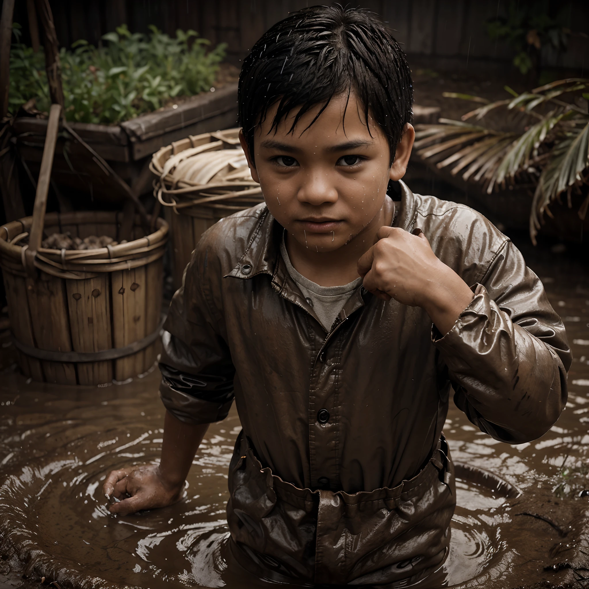 "Create a hyper-realistic render of a Filipino boy, 5 to 9working diligently on a rainy, muddy day. The scene should feature the boy outdoors, heavy baskets filled with charcoal. The atmosphere is cold and gloomy, his hands is close, with rain pouring down and forming puddles on the muddy ground. The boy's clothes should be soaked and caked in mud, and his face should reflect his determination and hard work. The baskets should be intricately detailed, showcasing the texture of the charcoal and the raindrops clinging to them. The entire scene should be rendered in 8K resolution for the utmost realism and detail."