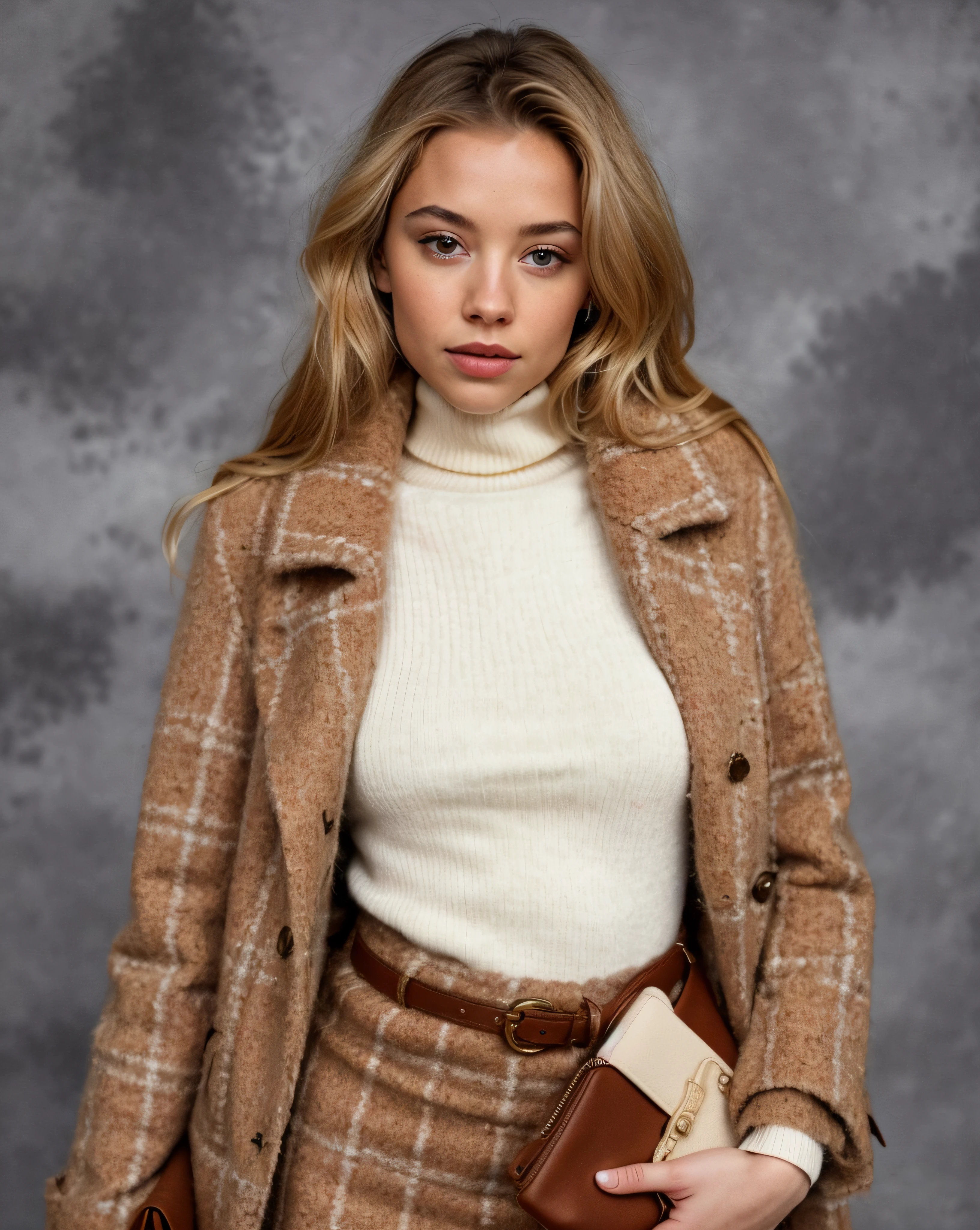 a woman in a brown coat and skirt holding a purse, sydney sweeney, editorial model, inspired by Károly Lotz, yelena belova, style of julia razumova, valentina remenar, commercial photo, high - end fashion photoshoot, dasha taran, wearing a turtleneck and jacket, olya bossak