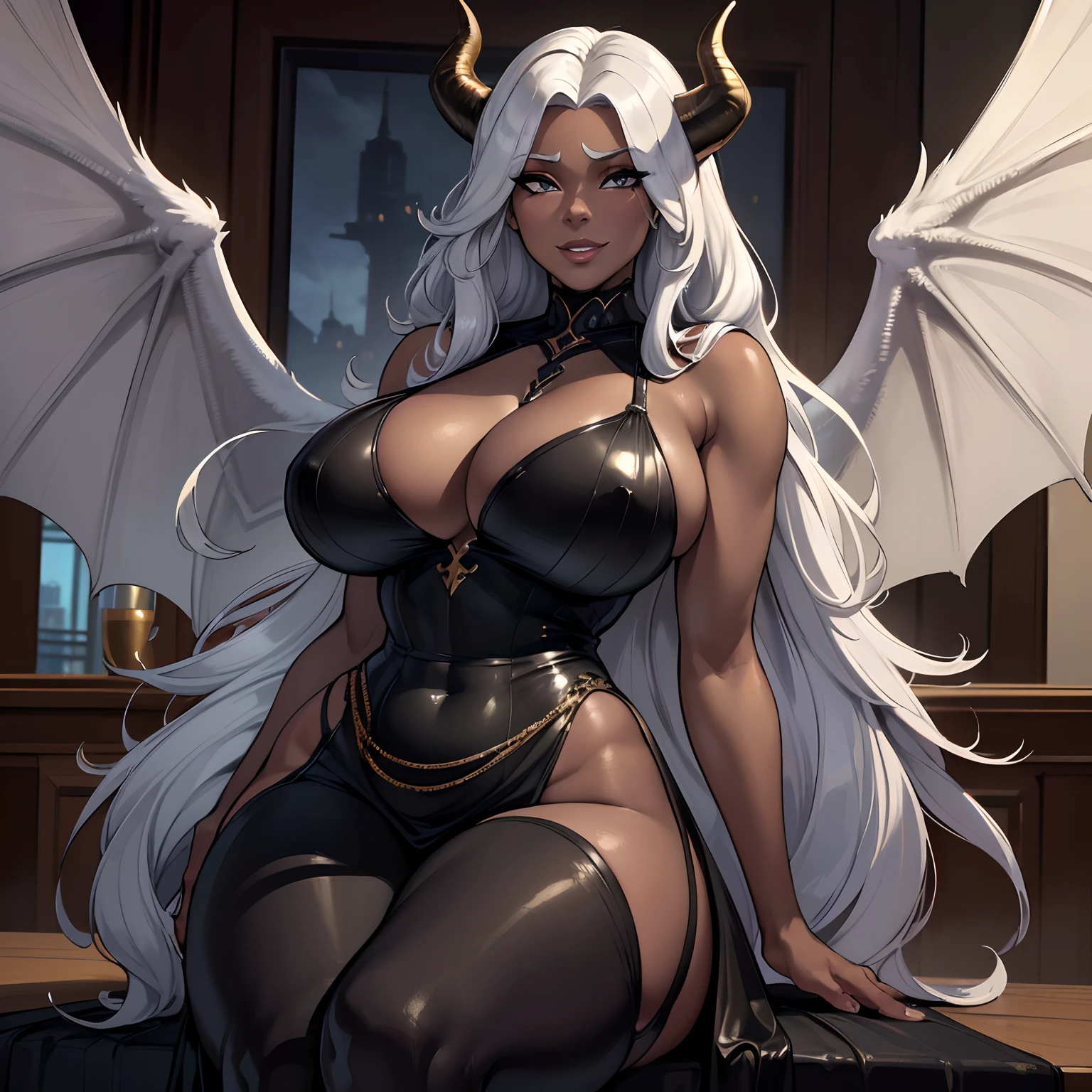 (best quality,4k,8k,highres,masterpiece:1.2), ultra-detailed, (realistic,photorealistic,photo-realistic:1.37), mature ebony-skinned female with long flowing silver hair, wearing a gilded form-fitting dress, curvy, thicc, has large black demon wings, has demonic horns, alluring gaze, portraits, seductive grin