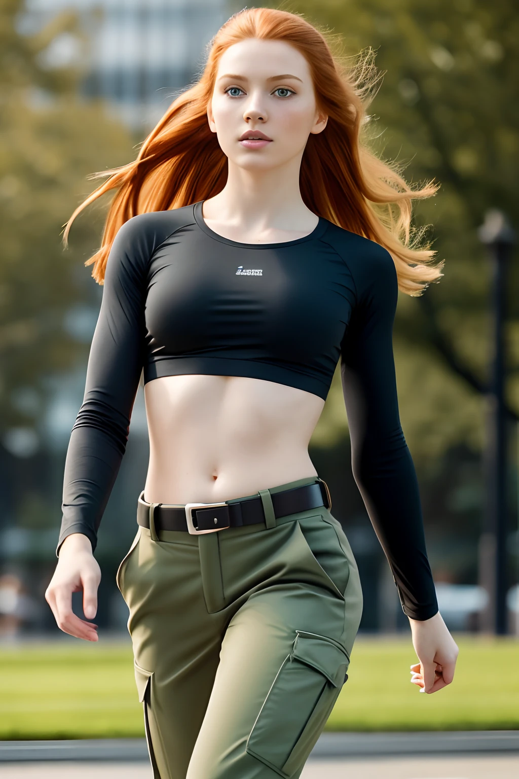 1girl in, 19, Solo, Aesthetic artwork, irish redhead, straight ginger hair, shoulder length ginger hair, gray eyes, light grey eyes, some small freckles, pale skin, A-cup, small breasts, runners body, detailed skin texture, running pose, by city fountain, downtown, park, (extremely detailed 8k wallpaper), soft lighting, high quality, film grain, Fujifilm XT3 sharp focus, f 5.6, 50mm, High Detail, Sharp focus,(natural light), black long sleeve crop top, black crop top, black shirt, light green khaki pants, green cargo pants, green pants, brown utility belt, Kim possible costume, Kim possible, crazy details, complex details, hyper detailed