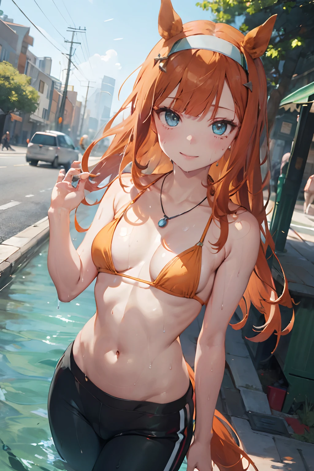 nsfw, masterpiece, 1 girl, intricately detailed, navel, necklace, orange hair, jogging pants, smiling, extremely detailed, photorealistic, octane render, 8 k, unreal engine., bare breasts, bare stomach, sweaty, wet body, beautiful face, small breasts, petite body, child, flat chest, silence suzuka \(umamusume\), jogging, park, horse ear, horse tail, bare shoulders, microbikini, holding water bottle