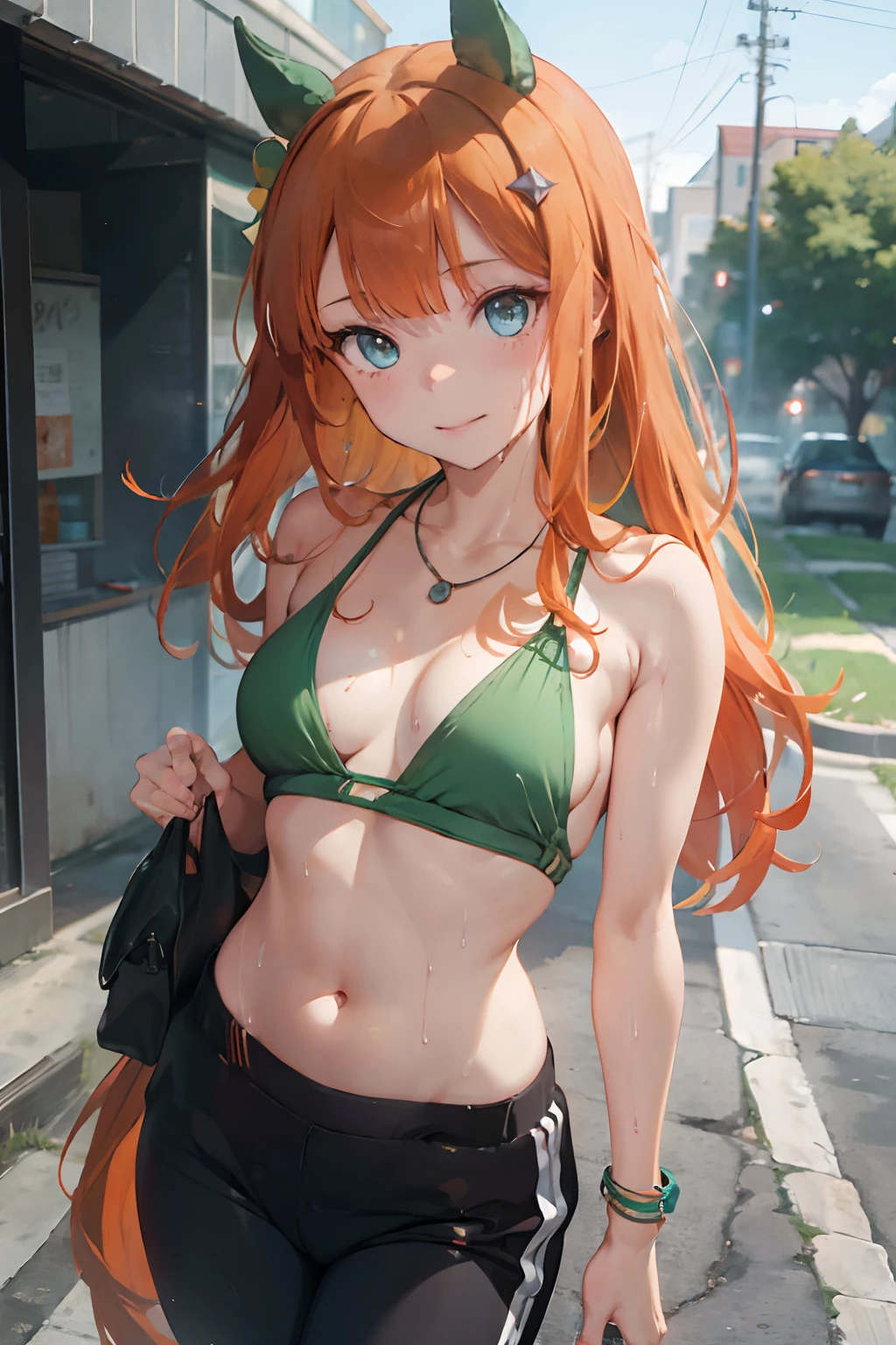 nsfw, masterpiece, 1 girl, intricately detailed, navel, necklace, orange hair, jogging pants, smiling, extremely detailed, photorealistic, octane render, 8 k, unreal engine., bare breasts, bare stomach, sweaty, wet body, beautiful face, small breasts, petite body, child, flat chest, silence suzuka \(umamusume\), jogging, park, horse ear, horse tail, bare shoulders, microbikini, holding water bottle