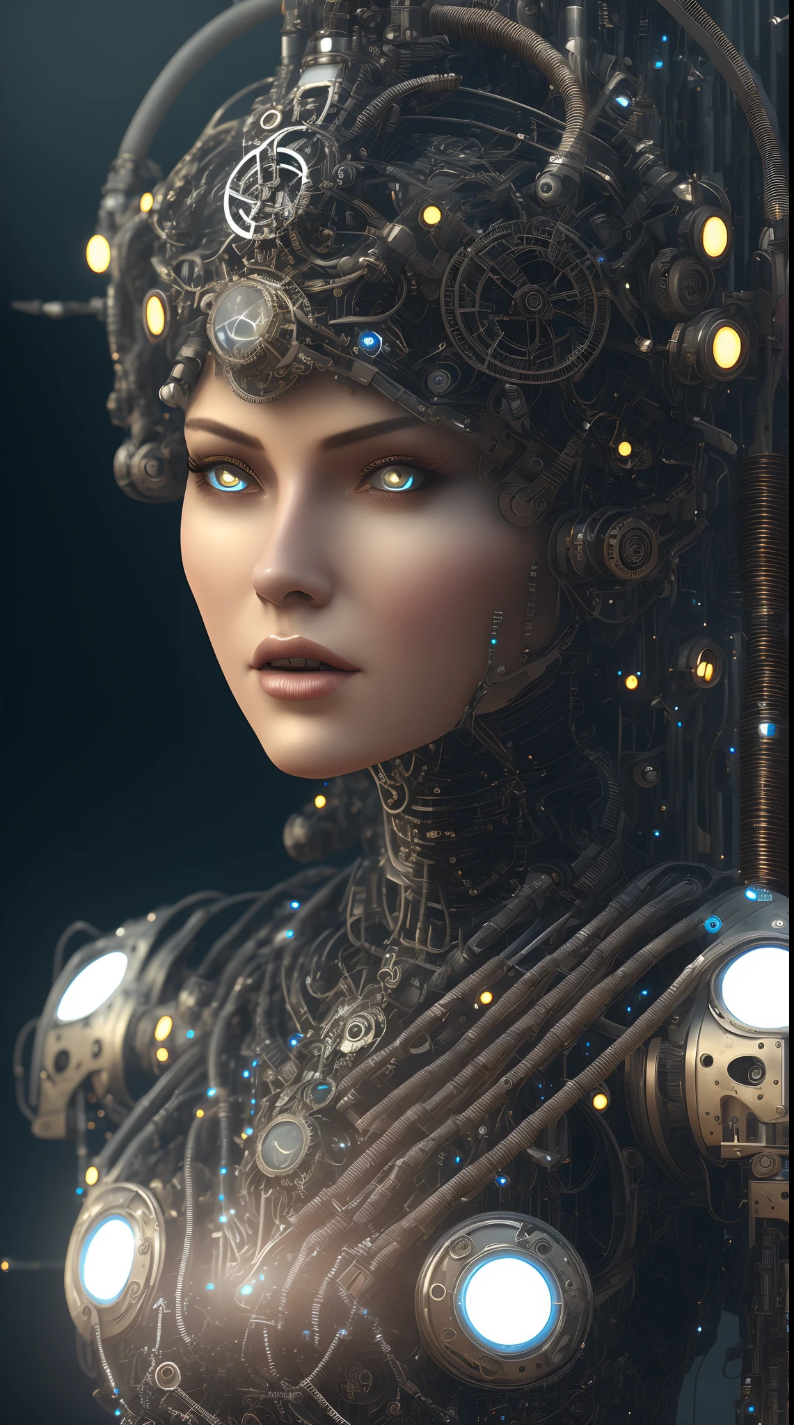 full body cyborg| full-length portrait| detailed face| symmetric| steampunk| cyberpunk| cyborg| intricate detailed| to scale| hyperrealistic| cinematic lighting| digital art| concept art| mdjrny-v4 style