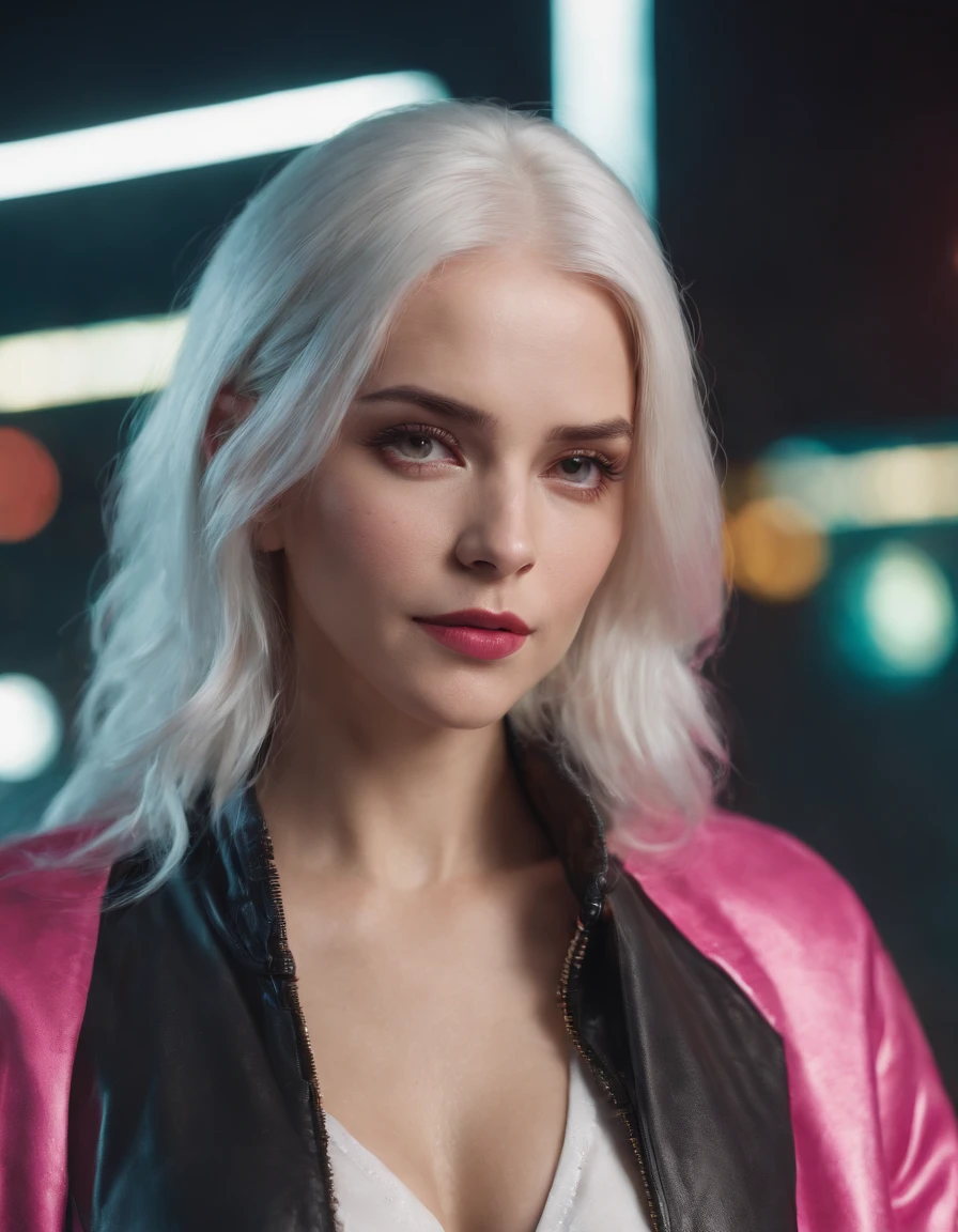 photorealistic, high resolution, 1women, mature female, solo, hips up, jewelry, tattoo, white hair, long hair, make up, pink lips, cyber wear, jacket, cyberpunk 2077 style, night city, neon lights