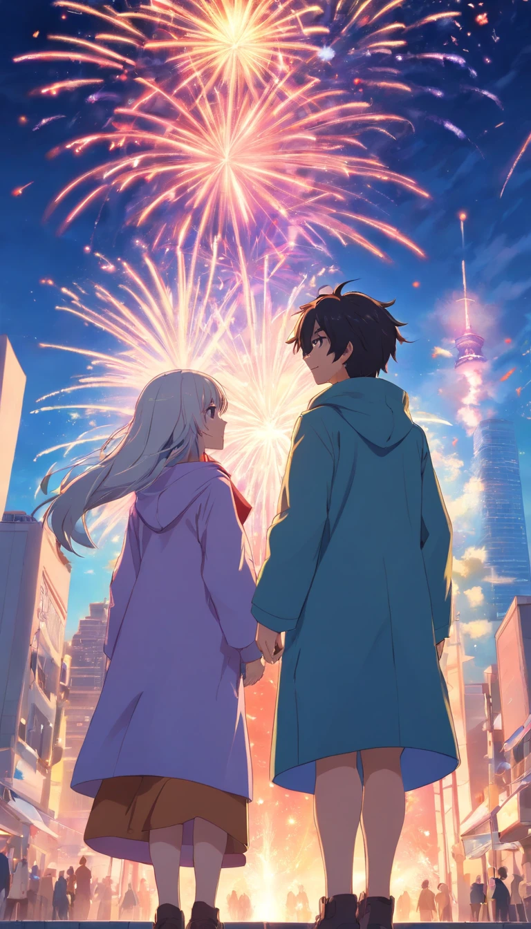 best qualtiy， tmasterpiece， 超高分辨率， realisticlying，1 girl，1 boy， long  white hair，Heterochromic pupils，Loose coat，back-to-back，head looking up，cheerfulness，fire works，wide angles