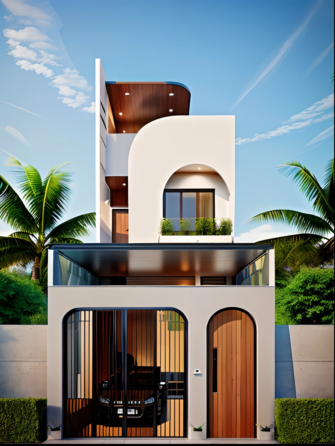 RAW photo, Exterior design a house, in the of contemporary style, curved linear, clean design, 2 - storey high, villa on the street, white wood - paneled walls, perspective, high - class photography, honesty, bright details, sharp, unique unique, award - winning photography, Canon EOS 5D DSLR Mark IV, f/ 6, ISO 100, 1/ 250 sec, soft natural light, best quality, super high resolution