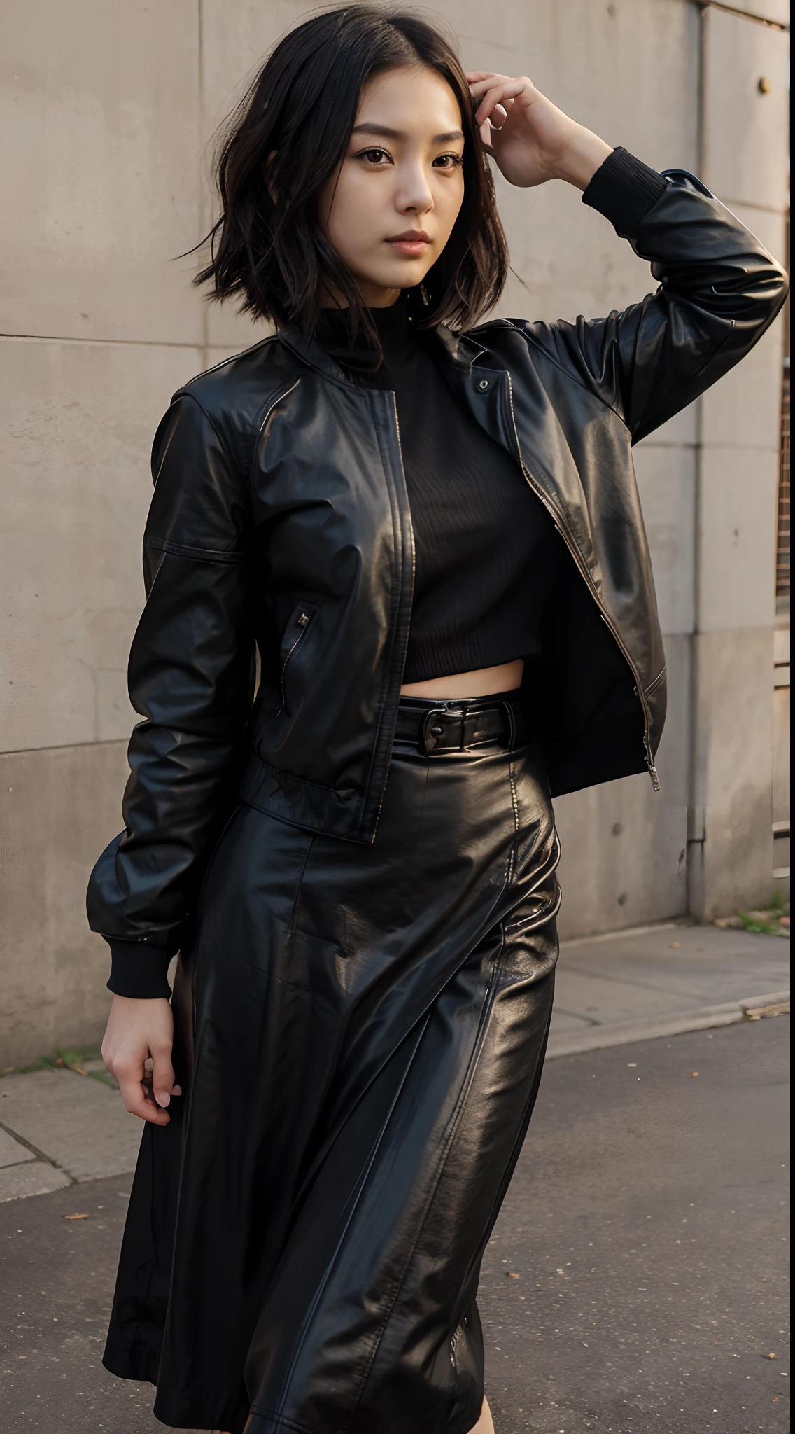 master piece , best quality , japanese , cute face , 27 years old ,sexy girl,bob hair,black leather jacket, black leather long skirt,Slender woman、Background in the city