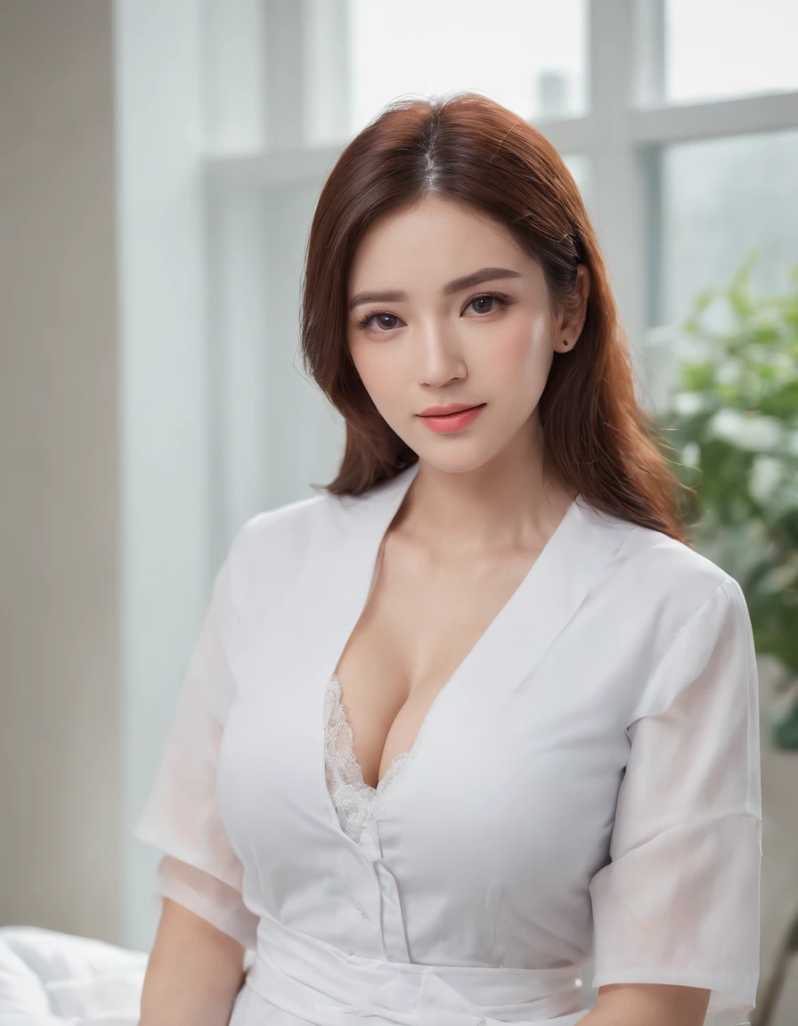 full body view top-quality, ​masterpiece, 8K, 超A high resolution, (Photorealsitic:1.4), 1girl in、Beautiful expression、symmetrical eye、Colossal tits、Perfect body proportion、Female doctor's attire、Unbutton the chest、Look at viewers、(Hospital Bets:1.2)、long legged(1.3)、