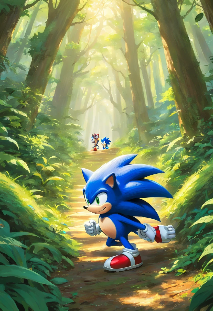 sonic the hedgehog,em uma floresta sombria,batalhando contra um faker sonic com tom de pele mais escura