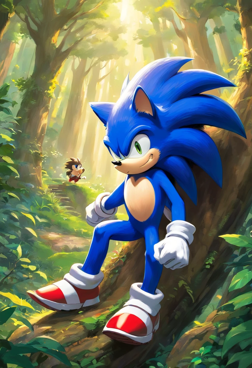 sonic the hedgehog,em uma floresta sombria,batalhando contra um faker sonic com tom de pele mais escura