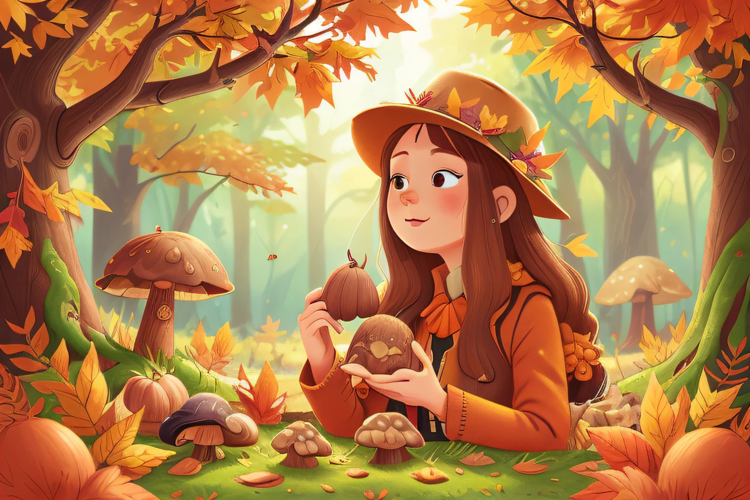 Autumn, colorful leaves, chestnuts, acorns, mushrooms, trees, autumn lady portrait