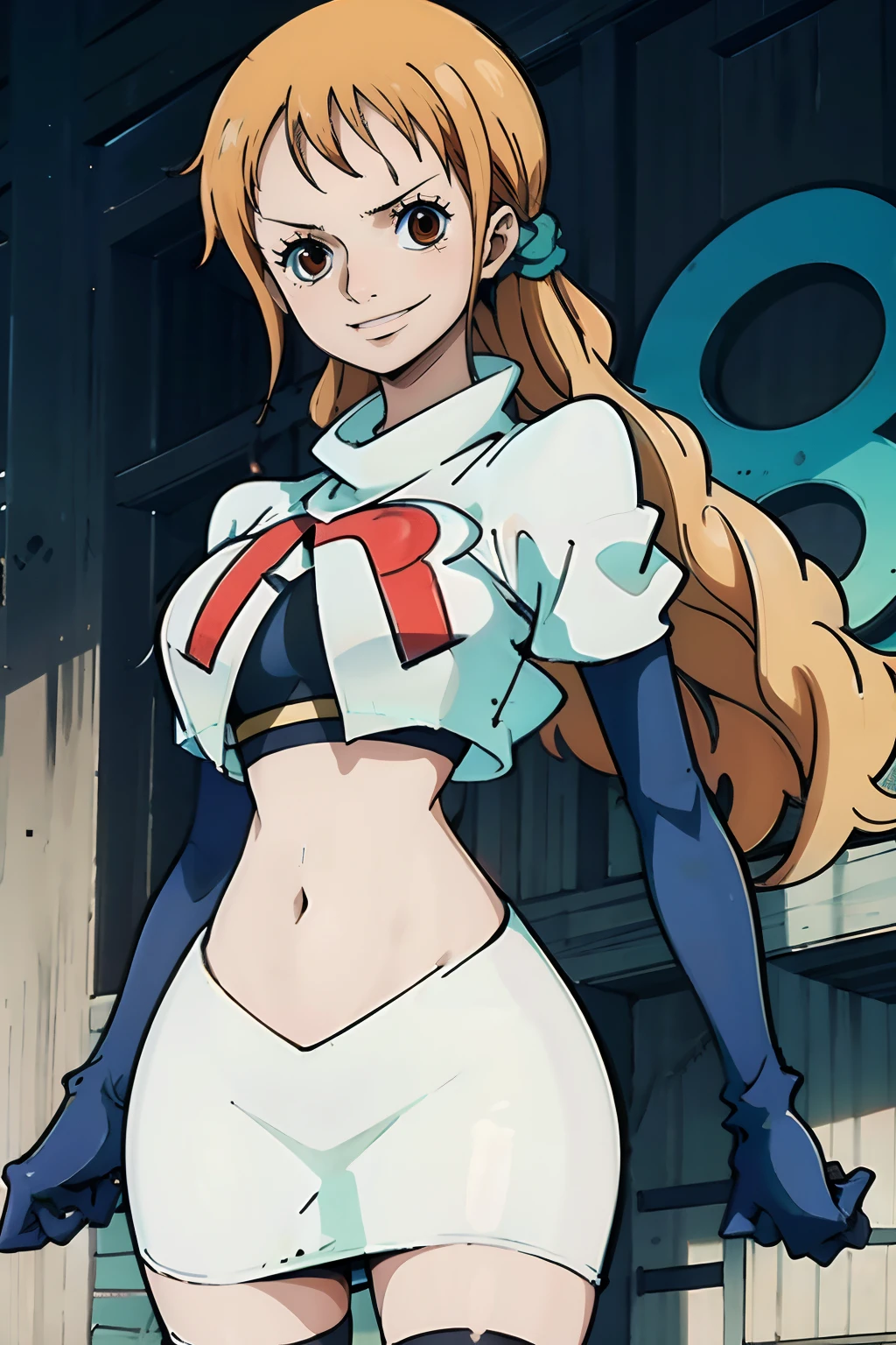Nami (one piece),1girl,team rocket,team rocket uniform,white skirt,crop top,black thigh-highs,black elbow gloves ,evil smile