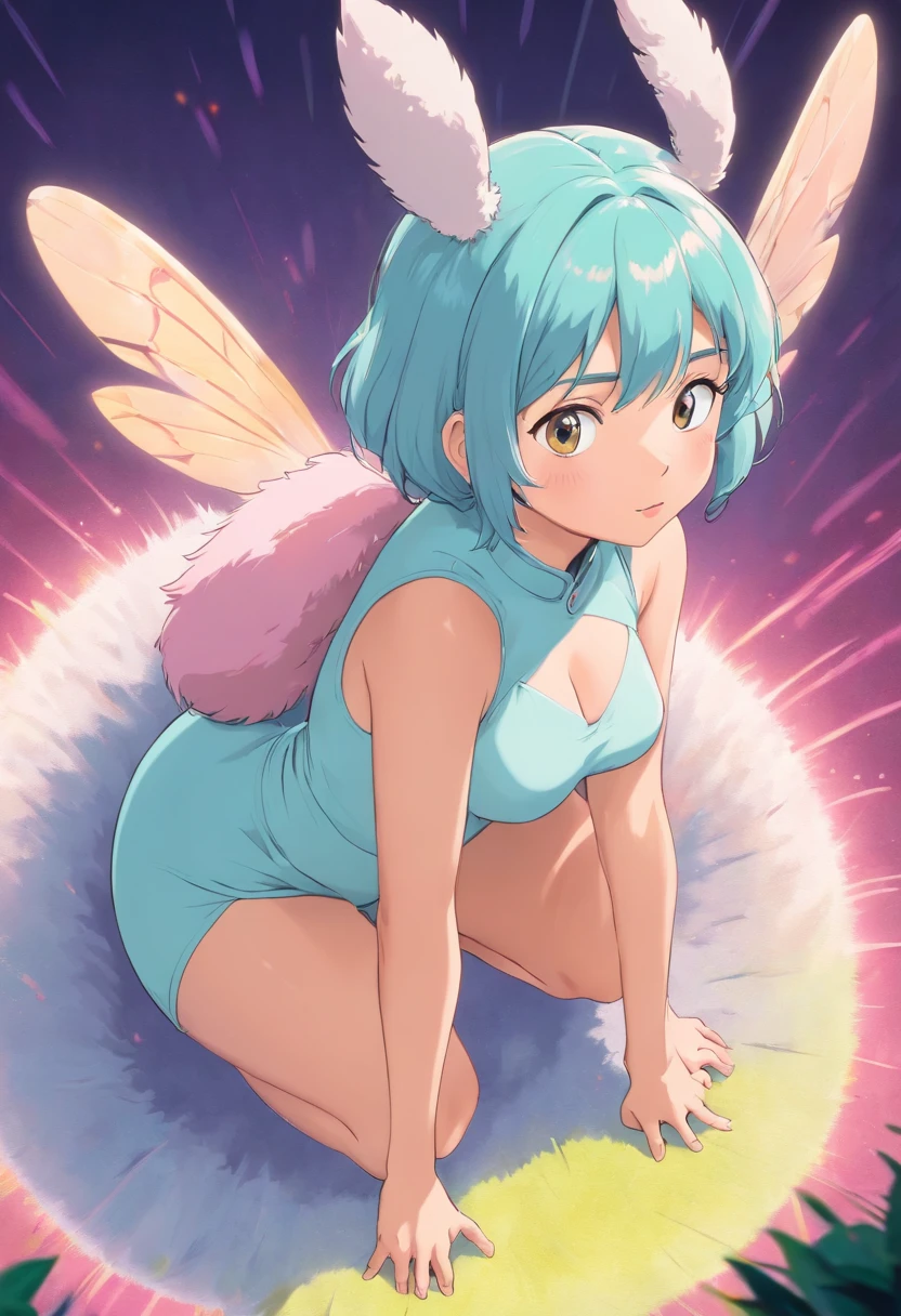 A playful fairy with bright purple hair and sparkling blue eyes, small pink、Dancing and playing in little boots, Jumping from flower to flower, Leave a trail of sparkling fairy dust behind her Masturbation Completely naked Pussy Leg spread Fatty face Lori Height 140 Black Hair Short Hair