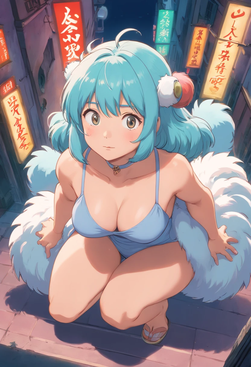 (1980s anime), woman, fluffy, High quality, highly detailed, masterpiece, 4k, RAW photo, best quality, full beetle costume, (shot from above:1.4), (on all fours:1.4), huge breasts, showing cleavage, wide hips, thin waist, realistic skin, beautiful colorful, black light painting,, Cinematic lighting, lush illumination, Maya render (Solo:1.1), (front facing:1.2), retro fashion, muted pastel colors