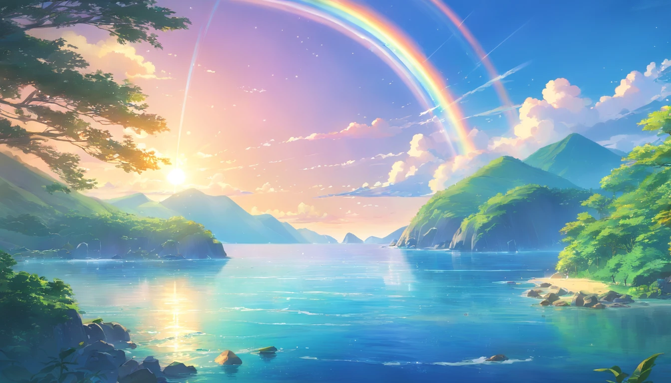 landscape,rainbow in the sky,Luxurious horizon,Sparkling seawater,Lush greenery,exotic plants,mysterious creature,Fantasy world,Enchanting atmosphere,shining sun,Soft clouds,dreamlike landscapes,magical aura,serenity and calm,Untapped beauty,A harmonious blend of tones,Endless wonders,Best quality,4K,8K,A high resolution,Masterpiece:1.2,Vibrant colors,