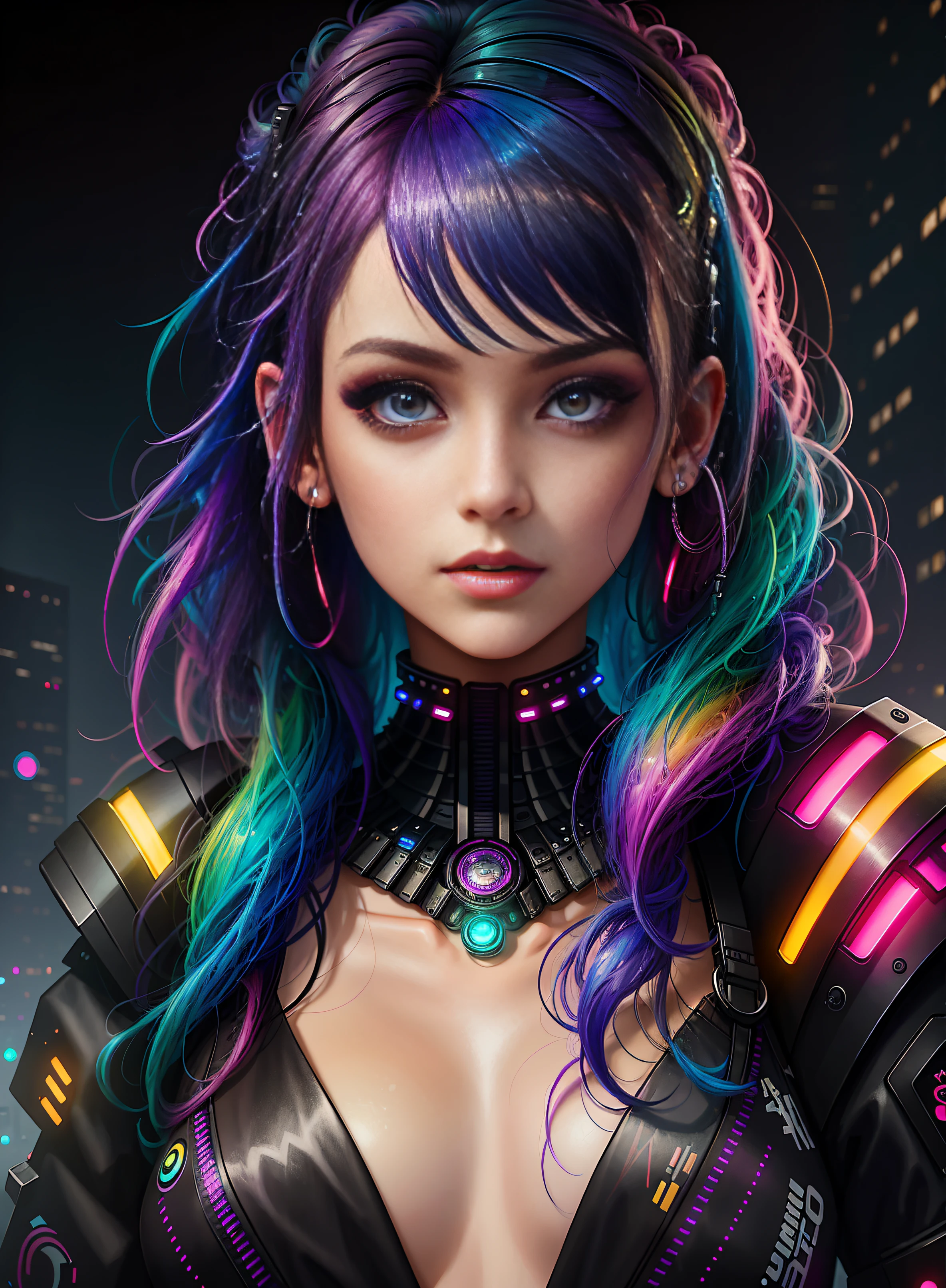 ((best quality)), ((masterpiece)), ((realistic)), (detailed), (1 girl) full body woman with colorful hair and piercings, dreamy cyberpunk girl, 4K high-detail digital art, stunning digital illustration, stunning 8K artwork, colorful digital fantasy art, colorful and dark, beautiful digital artwork, colorful digital painting, cyberpunk digital anime art, girl with luminous wave, 8K HD digital wallpaper art, gorgeous digital painting