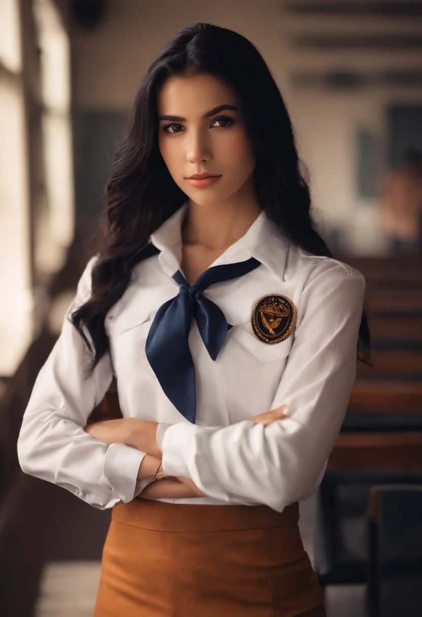 Long black hair, Brown eyes, Highschool uniform, senductive smirk, Crossed arm