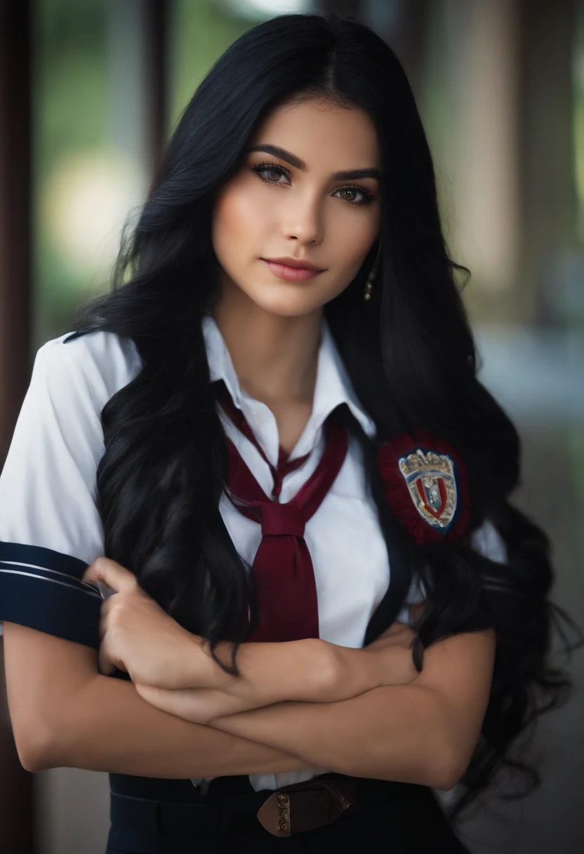 Long black hair, Brown eyes, Highschool uniform, senductive smirk, Crossed arm