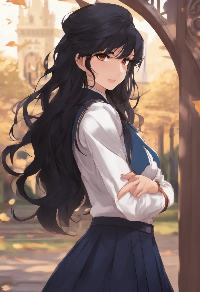 Long black hair, Brown eyes, Highschool uniform, senductive smirk, Crossed arm