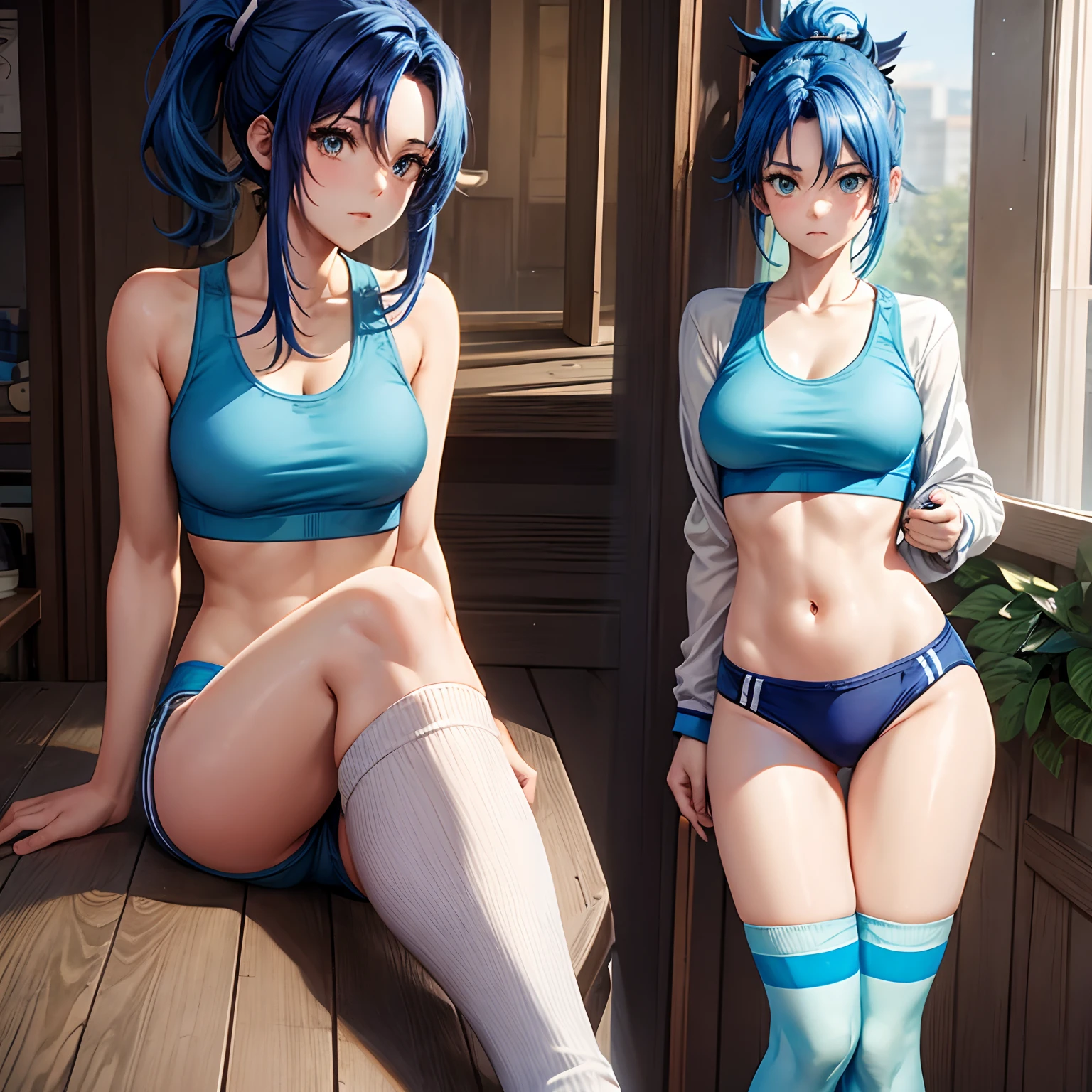 Sporty, sexy blue-haired girl in sports bra, panties, and socks