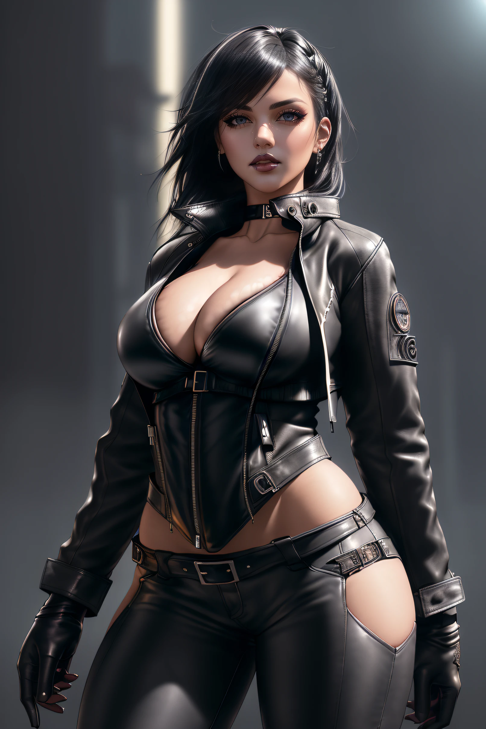 beautiful girl, ((standing:1.4)), (confident gaze:1.1), full body, short bright neon streaked black hair, ((large light realistic highly detailed eyes:1.4)), ((seductive pose:1.2)), black eyeshadow, (street style wear:1.2), ((deep cleavage:1.4)), ((wide hips:1.5)), ((leather jacket:1.4)), ((leather gloves:1.4)),((tight fitted pants)), ((knee high leather boots)), (dark city night black background:1.4), dark makeup, digital art, trending on artstation, highly detailed, fine detail, intricate, beautiful detailed glow, detailed, Cinematic light, high-res, detailed facial features, sharp focus, smooth, aesthetic,