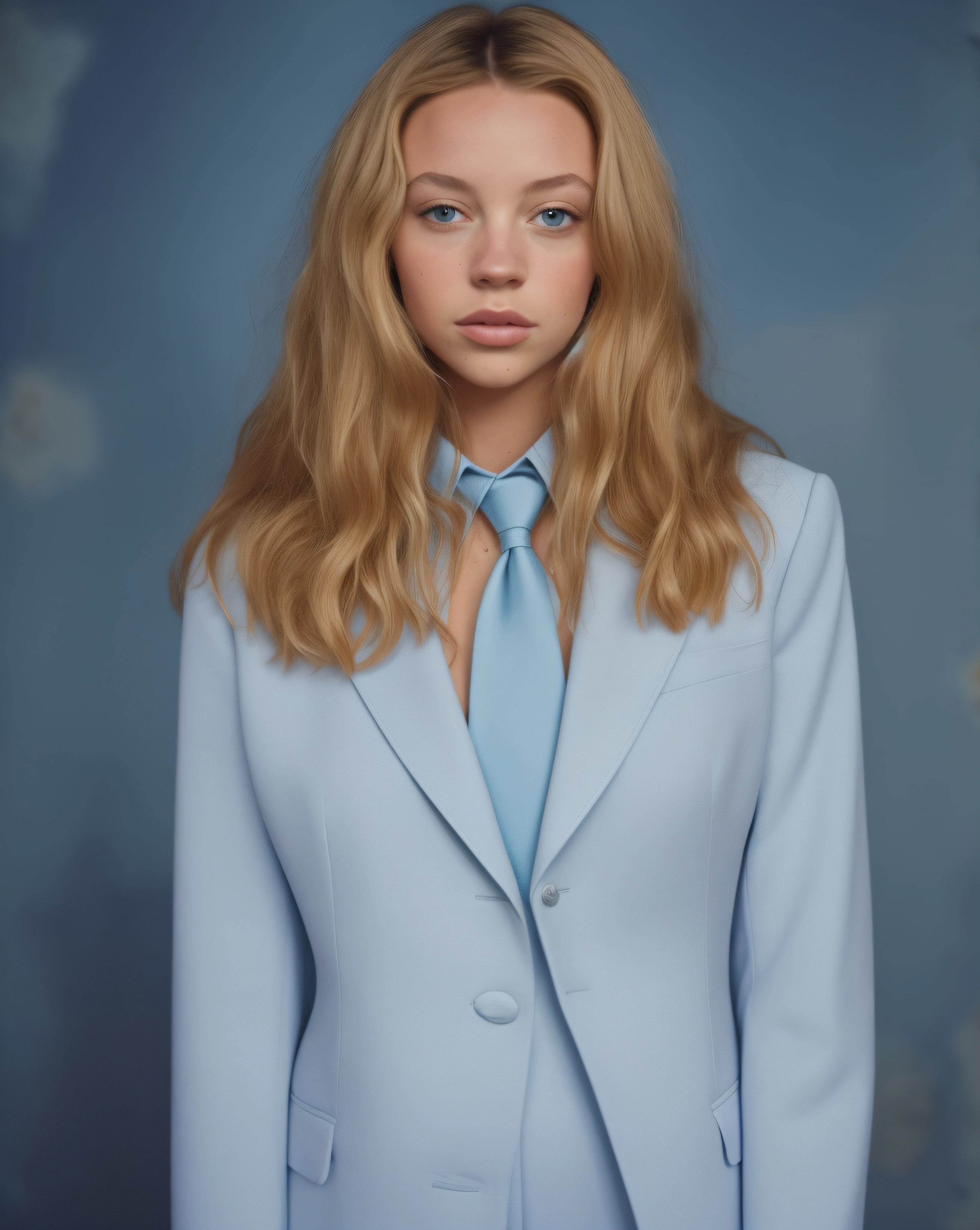 blond woman in a blue suit and tie posing for a picture, girl in suit, girl in a suit, yelena belova, portrait sophie mudd, in style of petra collins, sydney sweeney, wearing a light blue suit, olga buzova, dasha taran, as fashion editorial 90s, julia gorokhova, blue suit