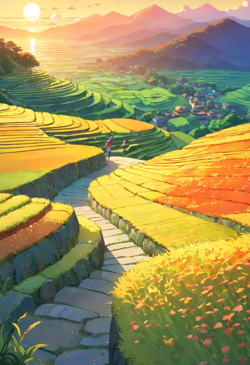 terrazzo,Rice terraces,Sunset,Vibrant colors,Soft lighting