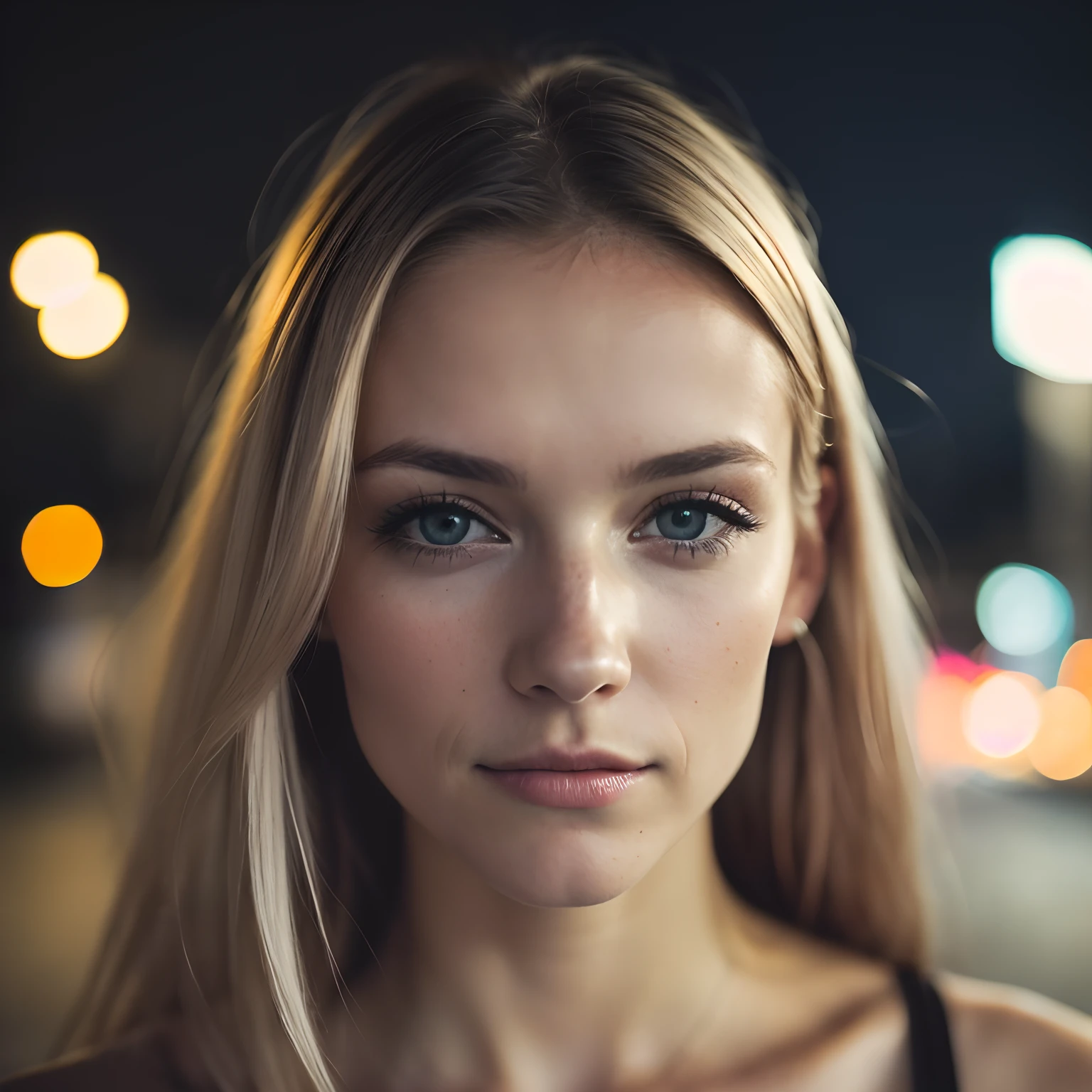 (Selfie, Plan: 1.4), (Right half of the body: 1.4), KATIE CREWE,  RAW UHD portrait photo of a 24-year-old blonde (Femme aux yeux bleus) Marcher dans une ruelle sombre, Ville la nuit, (rocher), (Encolure), specifics (Tissu! , Cheveux! , Briller, Couleur!! , disadvantages: 1.1), Bright eyes with a high level of detail (staring into the camera), SLR lighting, Appareil photo reflex mono-objectif, ultra quality, re sharpness, profondeur de champ, Filmkorn (Milieu), Fujifilm XT3, Limpide, Rahmenmitte, beau visage, mise au point nette, street lamp, Neonbeleuchtung, Bokeh (dimly lit), Nuit, (Ciel nocturne), Detailed skin pores, peau grasse, Coup de soleil, Complex eyesDetails, corps entier entier, gros seins