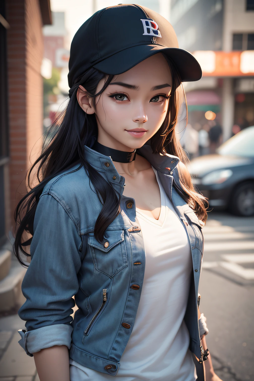 (masutepiece, ultra-quality, High resolution, 8K, Convoluted: 1.2), (Detailed face:1.2), Handsome, infp young woman ,White skin, Double eyelids , Detailed skin,((Realistic)), , hunk, Handsome,1boy, ,Krillin,Long hair,baseball cap, grey eyes, Choker, deep eye,vests, Looking at Viewer, Smile, Fedora, jacket on shoulders, (masutepiece), (Best Quality:1),