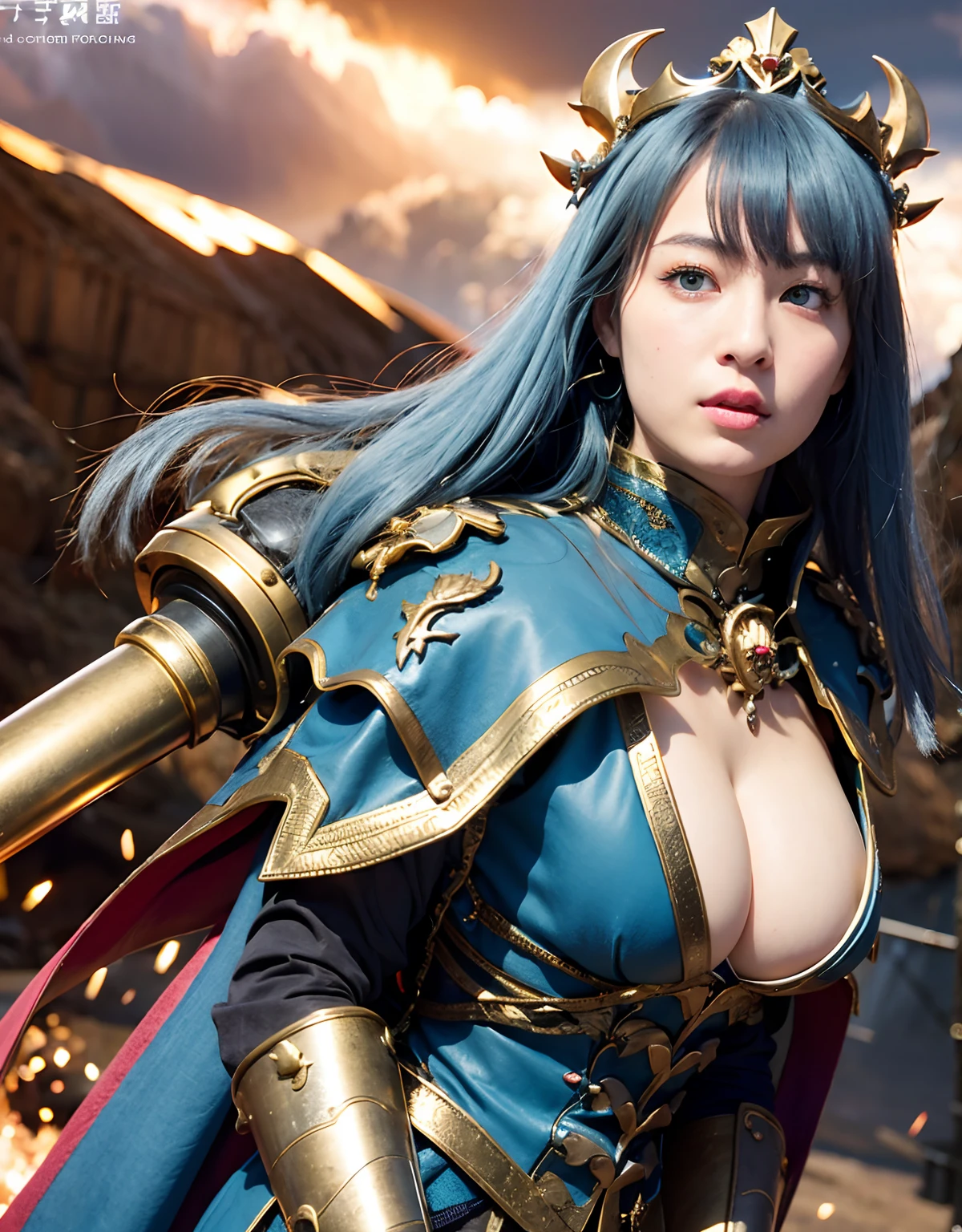 Professional , masterpiece、top-quality、photos realistic , 、top-quality、超A high resolution、(Photorealsitic:1.4)、Raw photo、depth of fields (Gemstone Gold Metal Body:1.9),(Matte White、Toostock、cleavage of the breast、(cleavage of the breast)、(Detailed Dragon Armor)、(Have the strongest weapon)、((Random Hairstyles 1.6),Dark Fantasy,)explosions、intense fighting、(Precipitous cliffs),Dragon Gold Weapon,Mystical expression、Particles of light、Fight dragons、(Detailed Dragon Helmet),Gorgeous Silver Weapons ,(( Dragon's dense and gorgeous sword)) , Beautiful knife ,warhammer 40k ,Detail and gorgeous crown、((Blue hair))、(Castle background)、、((Gangle's forest background))、Beautiful Caucasian beauty、1a person、dynamic ungle,((()))、Smaller head、A smile、Castle background、Thin and beautiful female hands、cleavage of the breast、Soldier in iron armor on background、Mystical expression、Light Effects、intense fighting、Wind-effect、magic circles、With the legendary magic wand、(demonic wings)、Toostock、