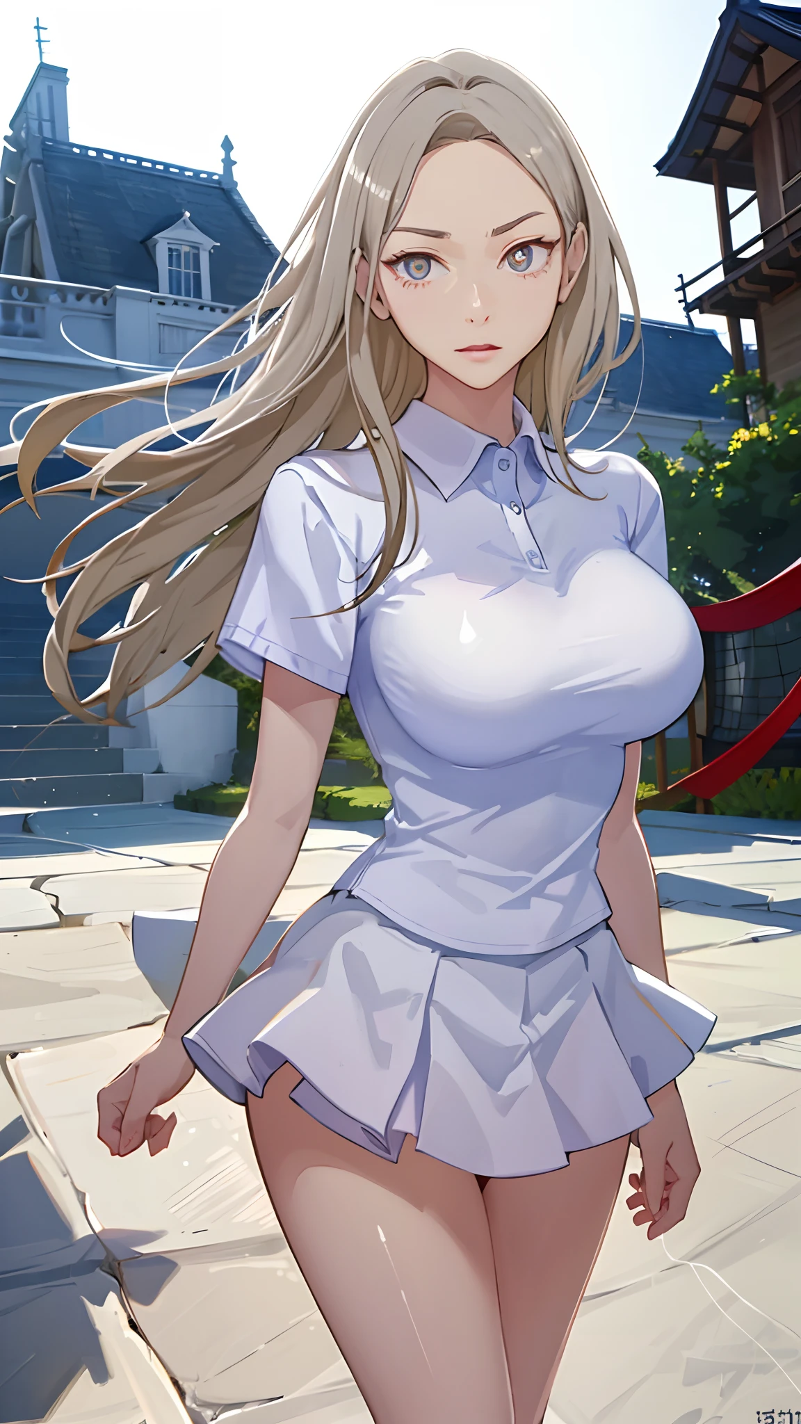 1girl huge large breasts, 独奏, White polo shirt, White sneakers, Tennis Wear, white mini-skirt, masterpaintings, best qualtiy, Photorealsitic, ultra-detailliert, (shiny skins, perspired:1.4), Preposterous, looking at the spectator, With short black hair, Brown-eyed,slender,dynamic light and shadow,hight resolution,Sharp Focus,depth of view,The eyes are delicate,Sharp pupils,pupil realistic,(Colossal tits),(thick thight:1.0),outside of house,Skysky