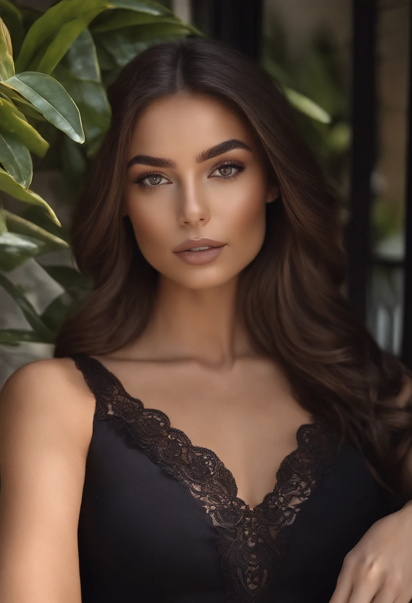 Femme Hispanic, Arafed with classy black clothes, fille sexy aux yeux bruns, Portrait Sophie Mudd, cheveux bruns et grands yeux marron, selfie of a young woman, , Violet Myers, sans maquillage, maquillage naturel, looking straight at camera, Visage avec Artgram, Maquillage subtil, Superbe photo du corps entier, on a balcony with a beach behind it, clivage
