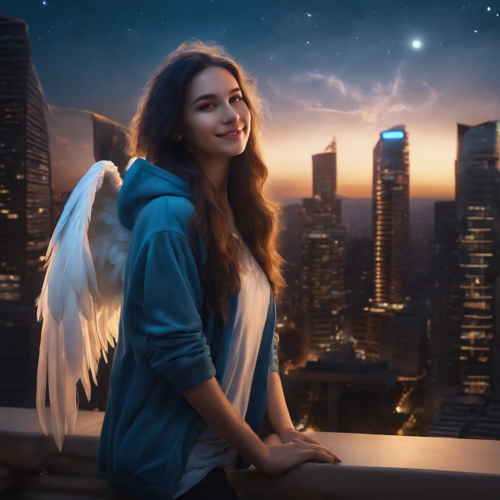 "picture quality: 8K (Highest quality scale: 1.2), Artistic style: Realistic, Photorealistic elements: 1.37, Clarity: Ultra high definition, subject:One girl flying over stunning cityscape ,Hoodie,Blue hair, Neon Color Shooting Star, Very long hair, off shoulders, feathers hair ornament, neon color, flashes, stunning night sky, girl (16 yearble features: Pleasant smile, Closed mouth, exquisitedetails, Lovely Nose, Composition: Full body, damp hair, context: In the giant Darsepho,, attire: Snow White T-Shirt, Angel wings very detailed