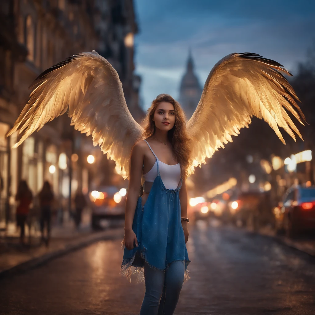 "picture quality: 8K (Highest quality scale: 1.2), Artistic style: Realistic, Photorealistic elements: 1.37, Clarity: Ultra high definition, subject:One girl flying over stunning cityscape ,Hoodie,Blue hair, Neon Color Shooting Star, Very long hair, off shoulders, feathers hair ornament, neon color, flashes, stunning night sky, age girl (16 yotable features: Pleasant smile, Closed mouth, exquisitedetails, Lovely Nose, Composition: Full body, damp hair, context: In the giant Darsepho,, attire: Snow White T-Shirt, Angel wings very detailed