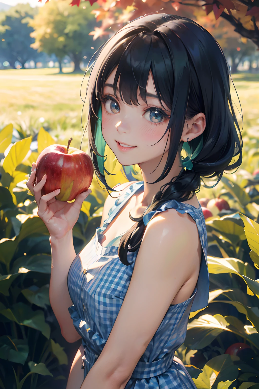 a 20 yo woman、Black blue Hair、poneyTail、Big smile、Blue gingham check dress、full bodyesbian、(hi-top fade:1.3)、dark themed、Muted Tones、Subdued Color、highly contrast、Green meadow background、Have autumn fruits、apple、(natural skin textures、Hyper-Realism、Soft light、sharp)