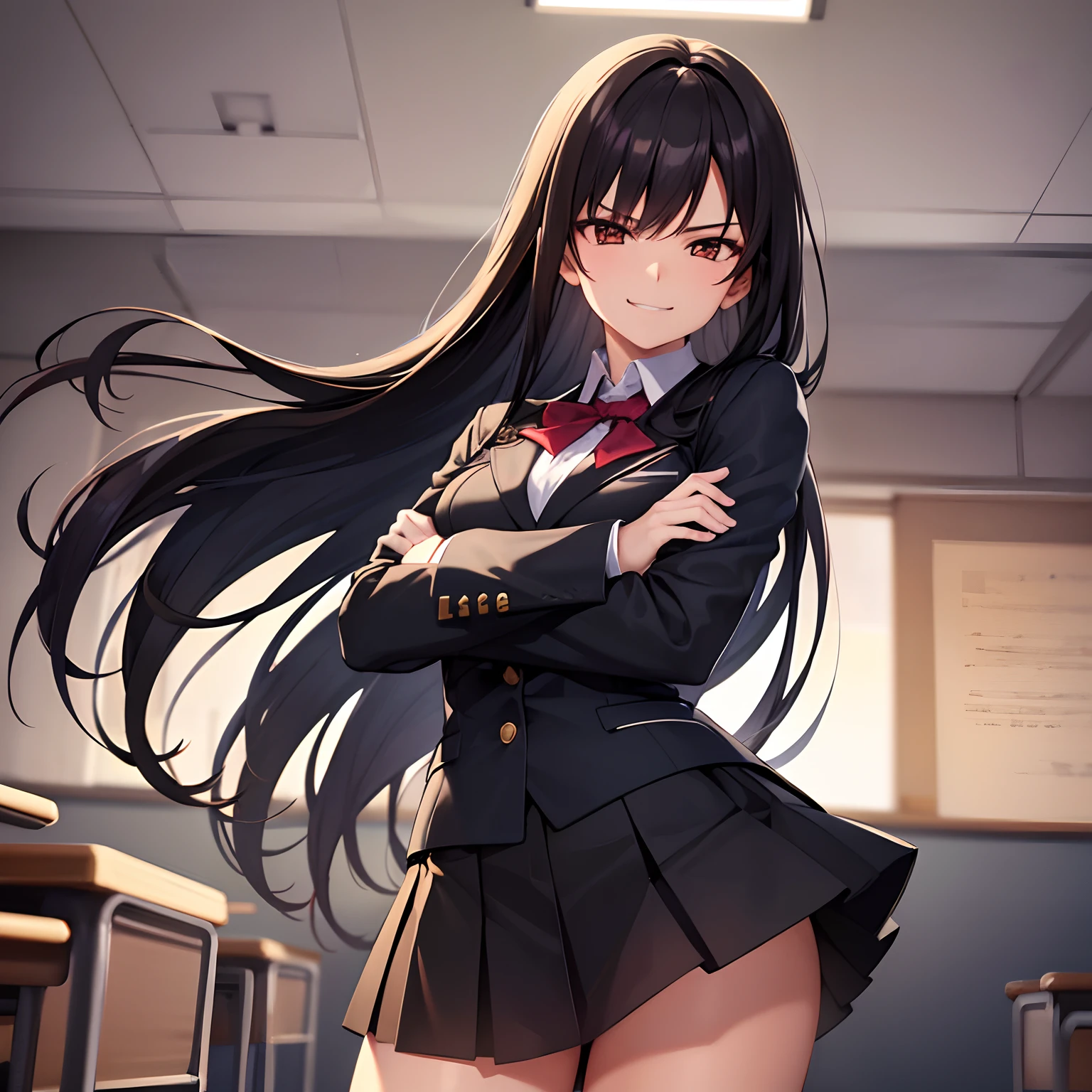 Ultra high resolution, Dynamic lighting, Perfect body, Long black hair, Brown eyes, Highschool uniform, senductive smirk, Crossed arm, classroom background,