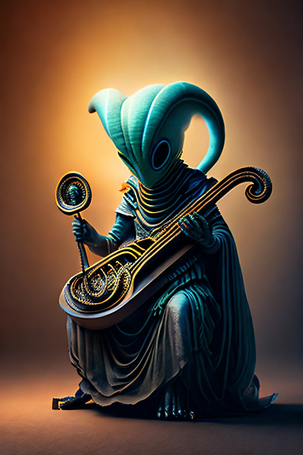 A mysterious alien playing harp