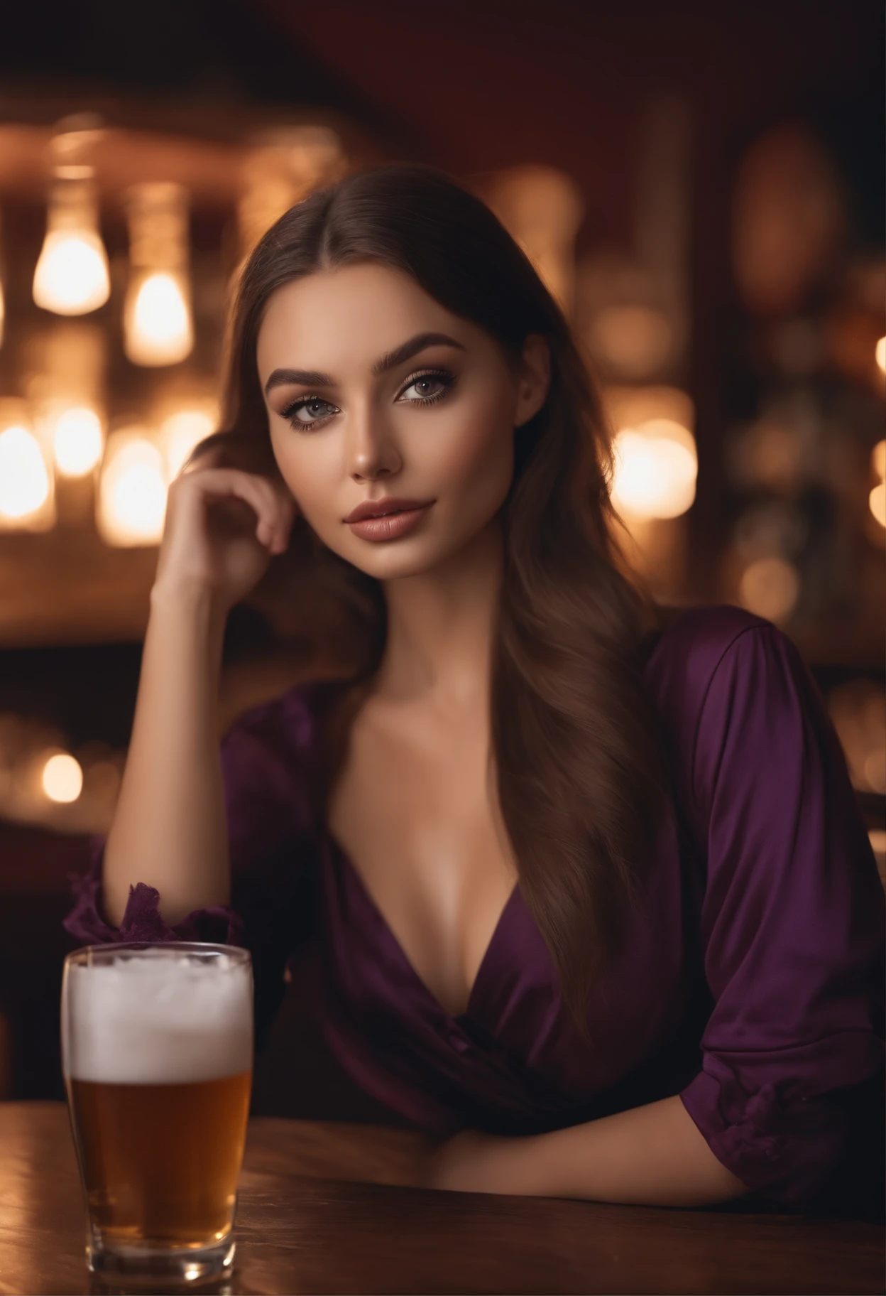 arafed woman fully , sexy girl with brown eyes, ultra realistic, meticulously detailed, portrait sophie mudd, brown hair and large eyes, selfie of a young woman, bedroom eyes, violet myers, with makeup, natural makeup, flirting with a man, face with artgram, subtle makeup, stunning look holding beer glass, in bar, medium to large size bust