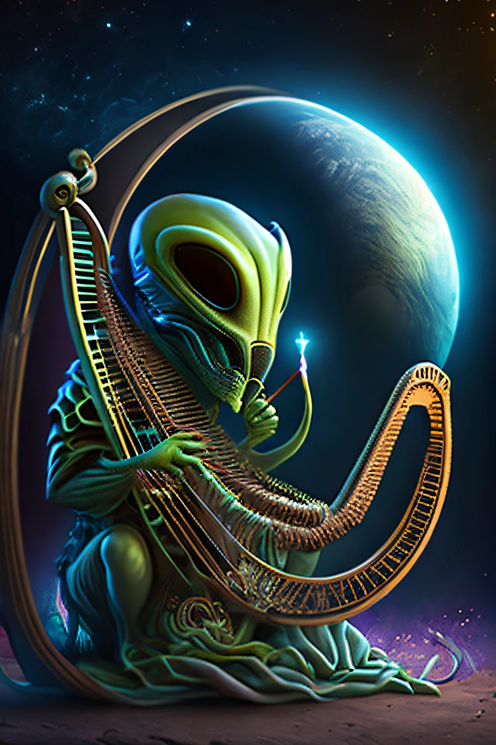 A mysterious alien playing harp