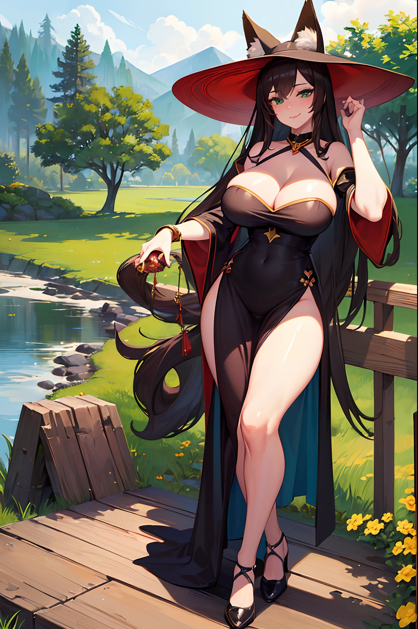 (Masterpiece, best quality, beautiful eyes, highly detailed, high res, anime), 1 girl, fox ears, fox tail, dark brown hair, green eyes, massive breasts, massive cleavage, witch, witch hat, witch dress, magic school uniform, sexy, mature woman, smugly smiling, smug, full body,