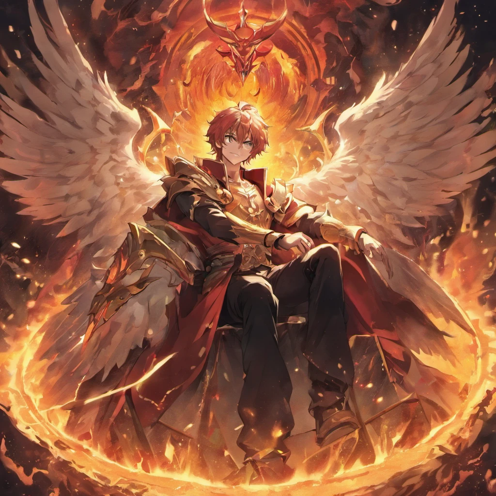 Haz un Angel con cara de demonio masculina en su infierno sentado en su trono
