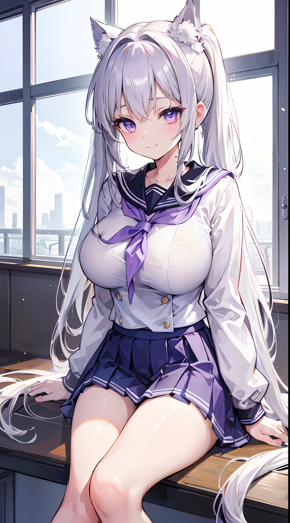 Big breasts ,silver-white long hair,Double ponytail to waist, Broken hair curtain,,Crystal purple eyes,Sailor uniform school uniform,Lift your skirt with both hands,Show off panties with a smile,White panties have a heart shape,Detailed description of the thighs and legs,Beth,Long legs,close-up on legs,Sitting on the school roof with your legs hanging in the air,One hand ruffled his hair