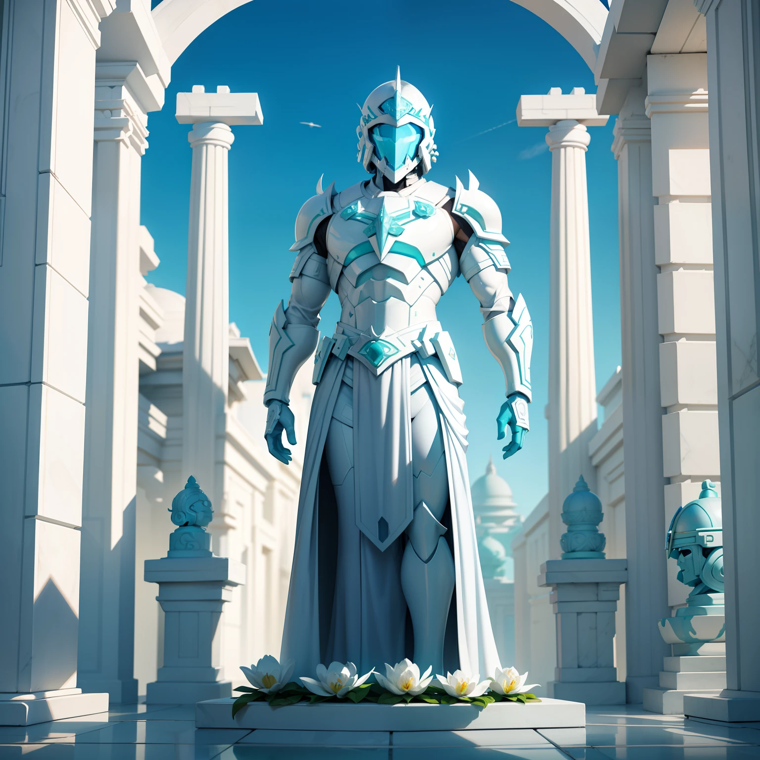 Cyan all-white white jade knight sculpture，Marble male sculpture，Tall and strong，White helmet like a flower pot，The helmet does not see the face，Sci-fi tech armor，The background is the temple，A lot of jade pillars。White all over