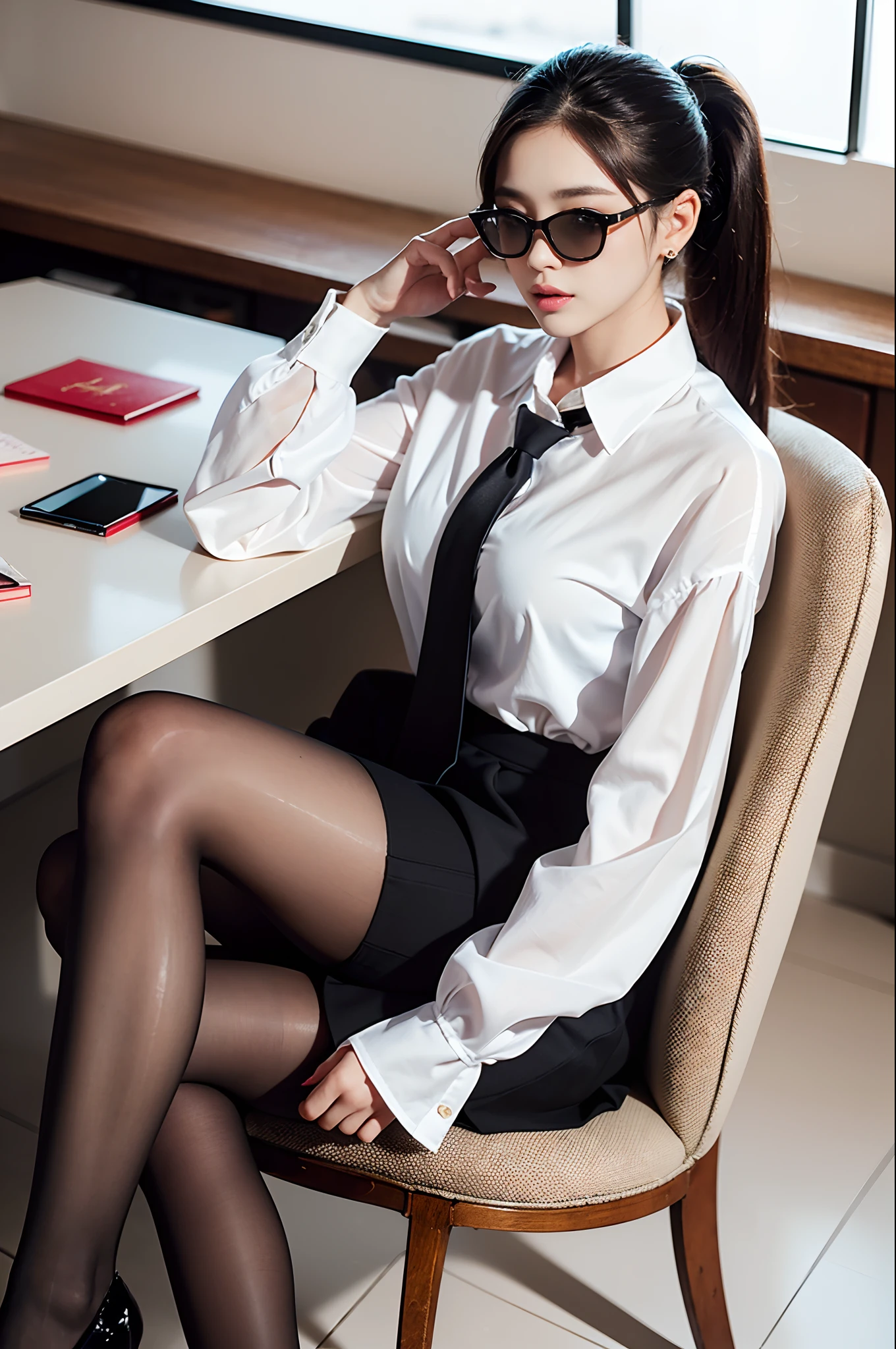 Exquisite, masterpiece, beautiful details, colorful, delicate details, delicate lips, intricate details, large breasts, black sunglasses with cool, 1 woman, (a beautiful 20-year-old cute Korean woman: 1.1), (kpop idol, Korean mixed), (50mm Sigma f/1.4 ZEISS lens, F1.4, 1/800s, ISO 100, photograpy:1.1), (ponytail + brunette 1.2), ( Photorealistic: 1.4), (SPY: 1.2), (Open Jacket, Shirt, Skirt, Tie, Black Pantyhose, Christian Louboutin\(Brand\),:1.3), Earrings, Necklaces, Armbands, (Tavern, Bar:1.2), (Beautiful Legs, High Girl, Skinny, slim_legs, thigh_gap, Model: 1.2 ), lens, flare from the front, (cool expression), dynamic pose, (makeup: 1.2), (sitting in a wide office boss chair))