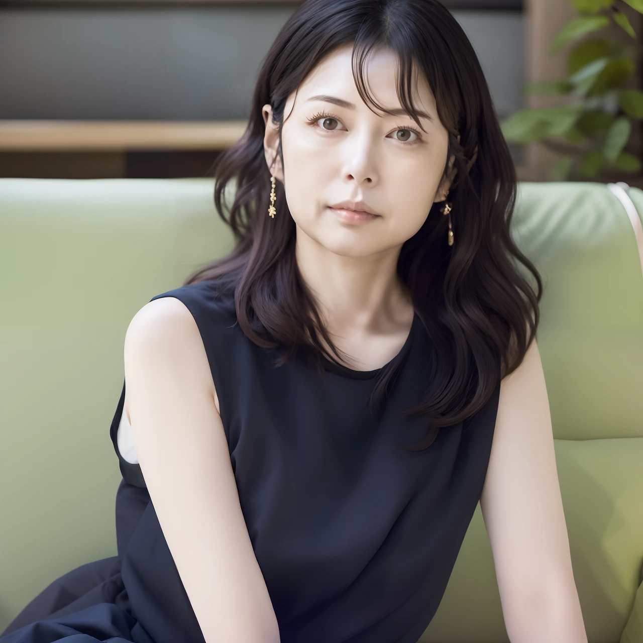 Arafe woman sitting on green sofa in black dress, female actress from korea, lee ji-eun, lee ji - eun, narumi kakinouchi, 奈良美智, Cute Korean Actress, Kiyoko Suzuki, sui ishida with black hair, Shiori Teshirogi, Kotegawa Yui