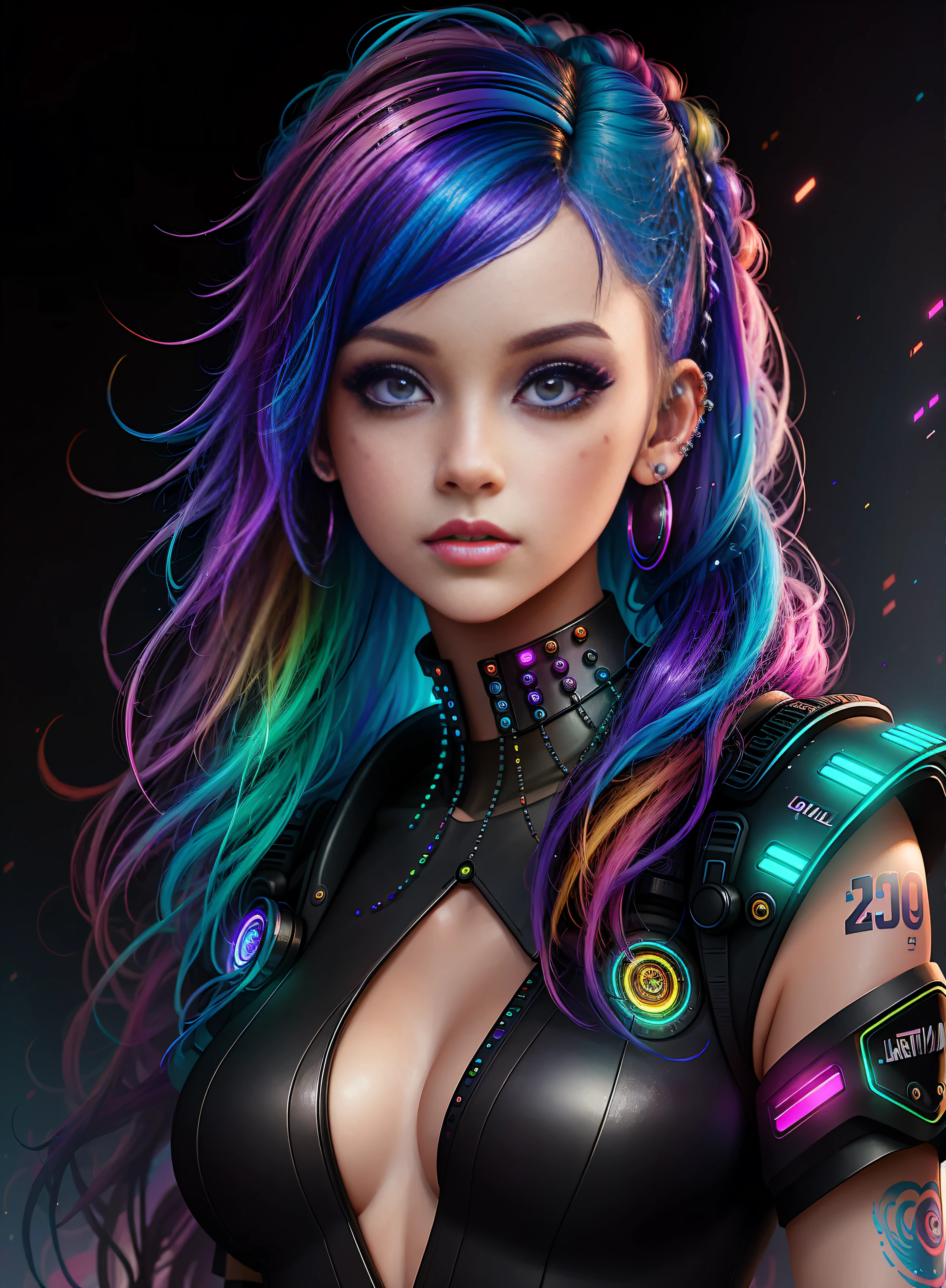 ((best quality)), ((masterpiece)), ((realistic)), (detailed), (1 girl) full body woman with colorful hair and piercings, dreamy cyberpunk girl, 4K high-detail digital art, stunning digital illustration, stunning 8K artwork, colorful digital fantasy art, colorful and dark, beautiful digital artwork, colorful digital painting, cyberpunk digital anime art, girl with luminous wave, 8K HD digital wallpaper art, gorgeous digital painting